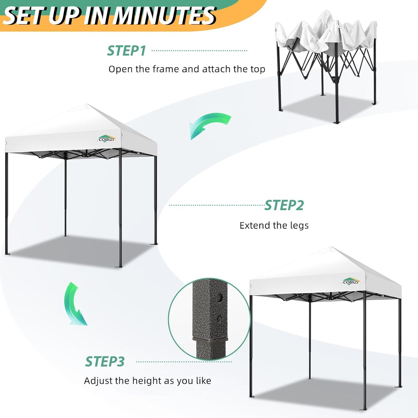 COBIZI 6.6x6.6ft Pop Up Canopy Tent, Heavy Duty Canopy Easy Set up All Weather Waterproof Outdoor Canopy Tent for Parties, Beach, Garden, Camping with 1 Handbag, 3 Adjustable Heights, UPF50+, White