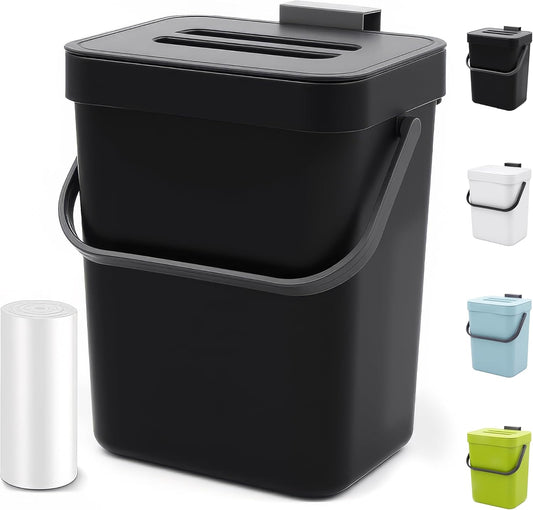 Countertop Compost Bin - 1.3 Gallons Hanging Small Trash Can with Lid for Kitchen Bathroom, Under Sink Kitchen Trash Can, Indoor Counter Compost Bucket with Lid, 5L(Black)