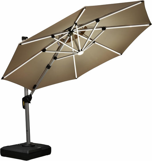 PURPLE LEAF 10ft Solar powered LED Patio Umbrella Outdoor Round Umbrellas Large Cantilever Umbrella with LED lights Windproof Offset Umbrellas Heavy Duty for Garden Deck Pool Patio, Beige