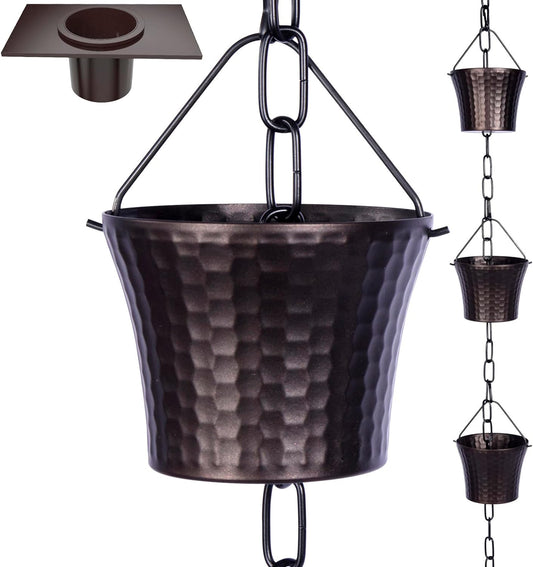 Rain Chains for Gutters with Adapter,Wrought Iron Rain Chain Set 8.5 Ft Not Rust, Gotta Drain with Sturdy Anchoring Stake, 14 Cups, 1 Hook, Adjustable Gutter Downspout for Outdoor Decorative