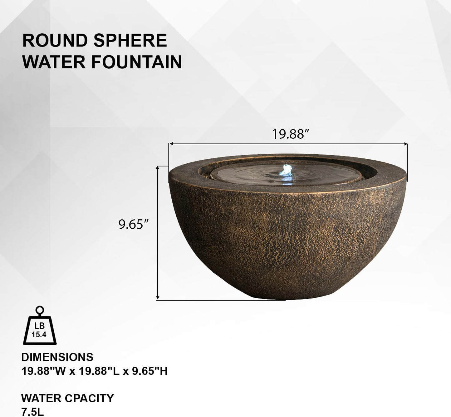 Xbrand 19.8"" W Round Polyresin Indoor/Outdoor Sphere Water Fountain w/LED Light, Garden Water Fountain, Water Bowl Fountain, Patio Water Fountain, Water Fountain Décor, Bronze, AMS3542-1