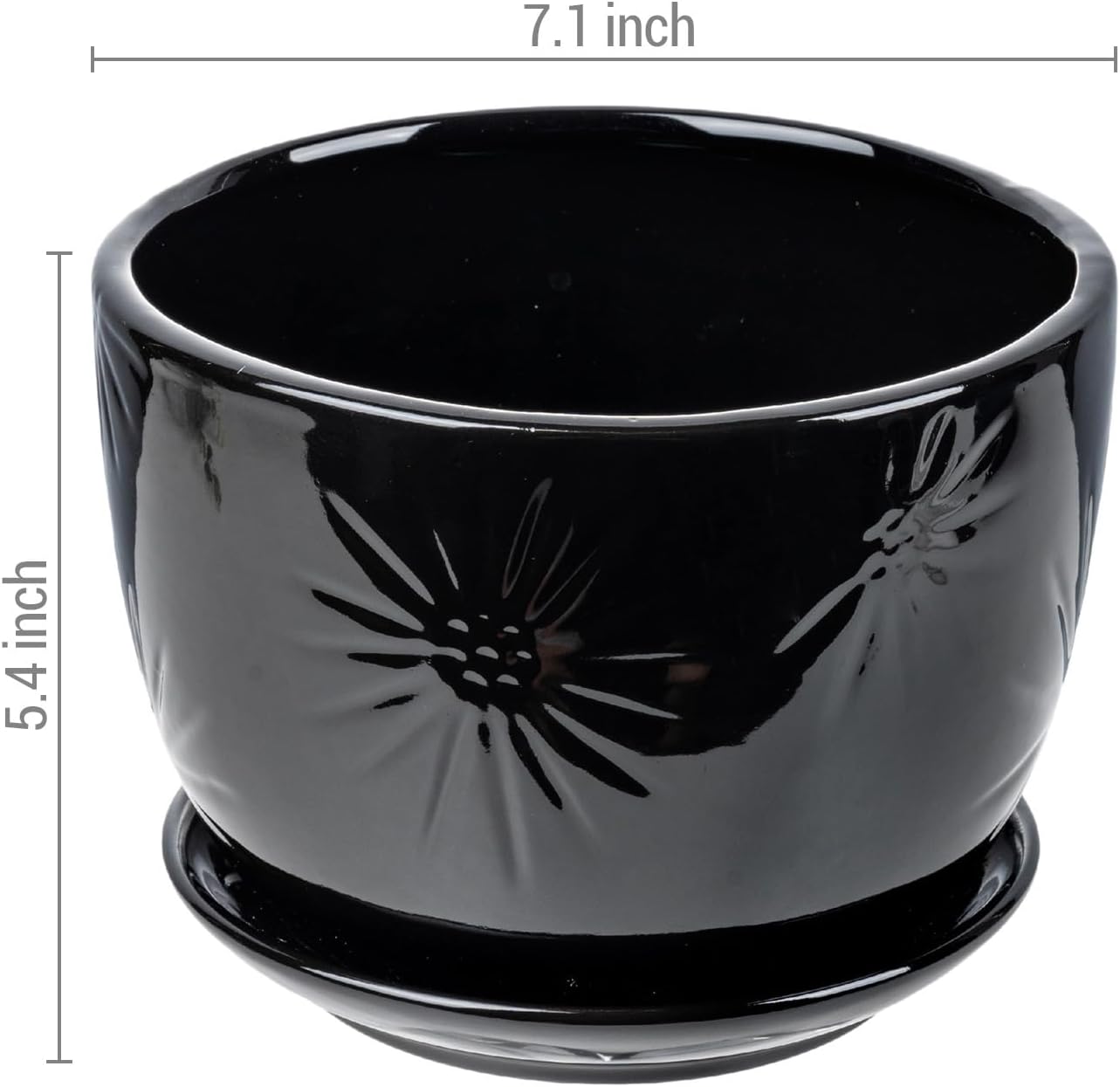 MyGift 7 Inch Glossy Black Ceramic Plant Pot with Drainage Hole and Attached Saucer, Modern Decorative Embossed Sunburst Planter Container for Indoor Home Garden