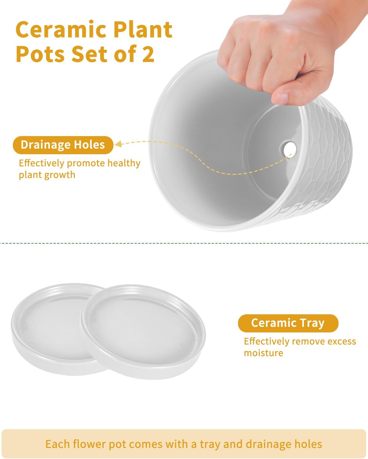 EFISPSS Ceramic Plant Pots, 6 Inch Pots for Indoor Plants, Planters with Drainage Hole and Saucer, Flower Pots Desktop Office Windowsill Decoration Gift Set of 2 - White