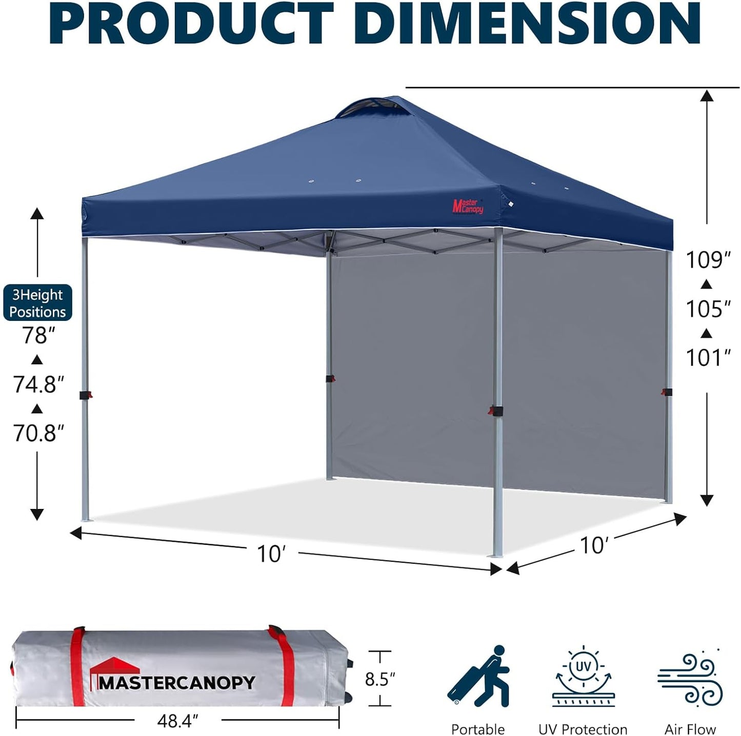 MASTERCANOPY Durable Pop-up Canopy Tent with 1 Sidewall (10'x10',Navy Blue)