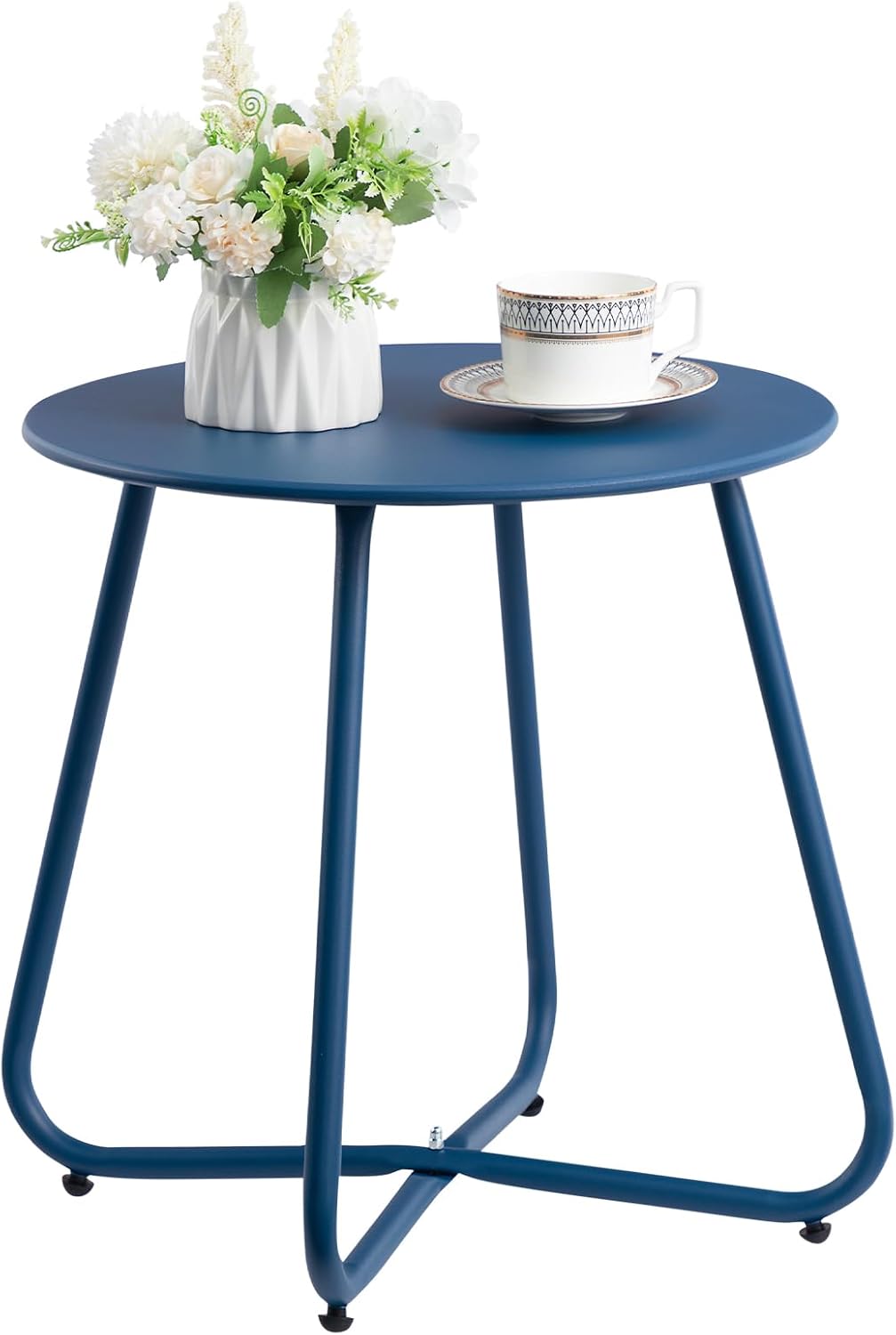 HollyHOME Round Metal Side Table, Rust-Resistant Patio Small Plant Stand, Outdoor 17.32'' Portable End Table for Balconies, Gardens, Living Rooms and Bedrooms, Navy Blue