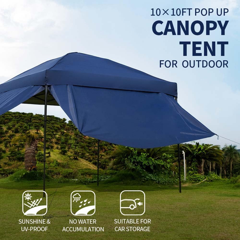 10x10 Pop Up Canopy Tent with 2 Sidewalls, Waterproof Shade Canopy with Sand Bags Outdoor Canopy Tent for Camping Beach Parties Backyard (Navy Blue)