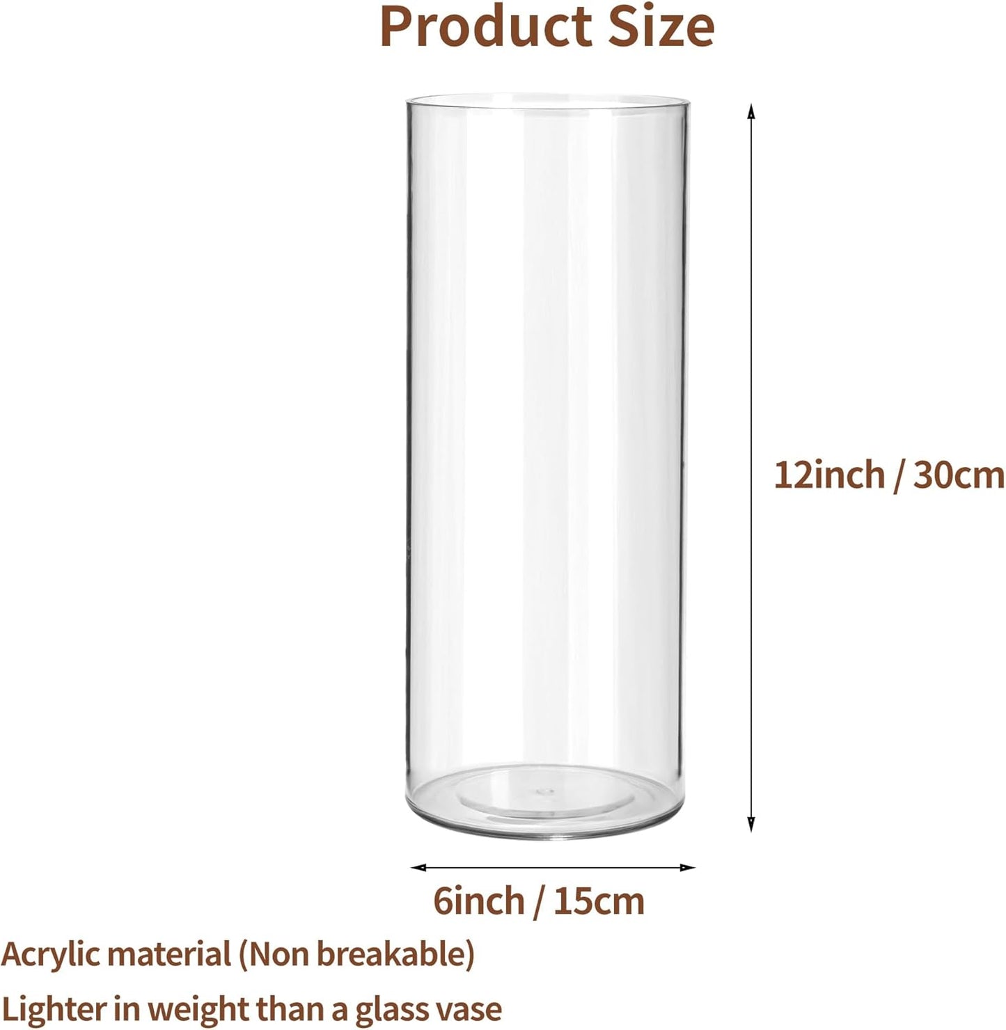 Clear Flower Vase, Non-breakable Vases, 6" W x 12" H, Acrylic Vase, Aesthetic Room Decor Cylindrical Modern Flower Vases for Table Centerpiece, Home Decor, Women Floral Arrangement Gift