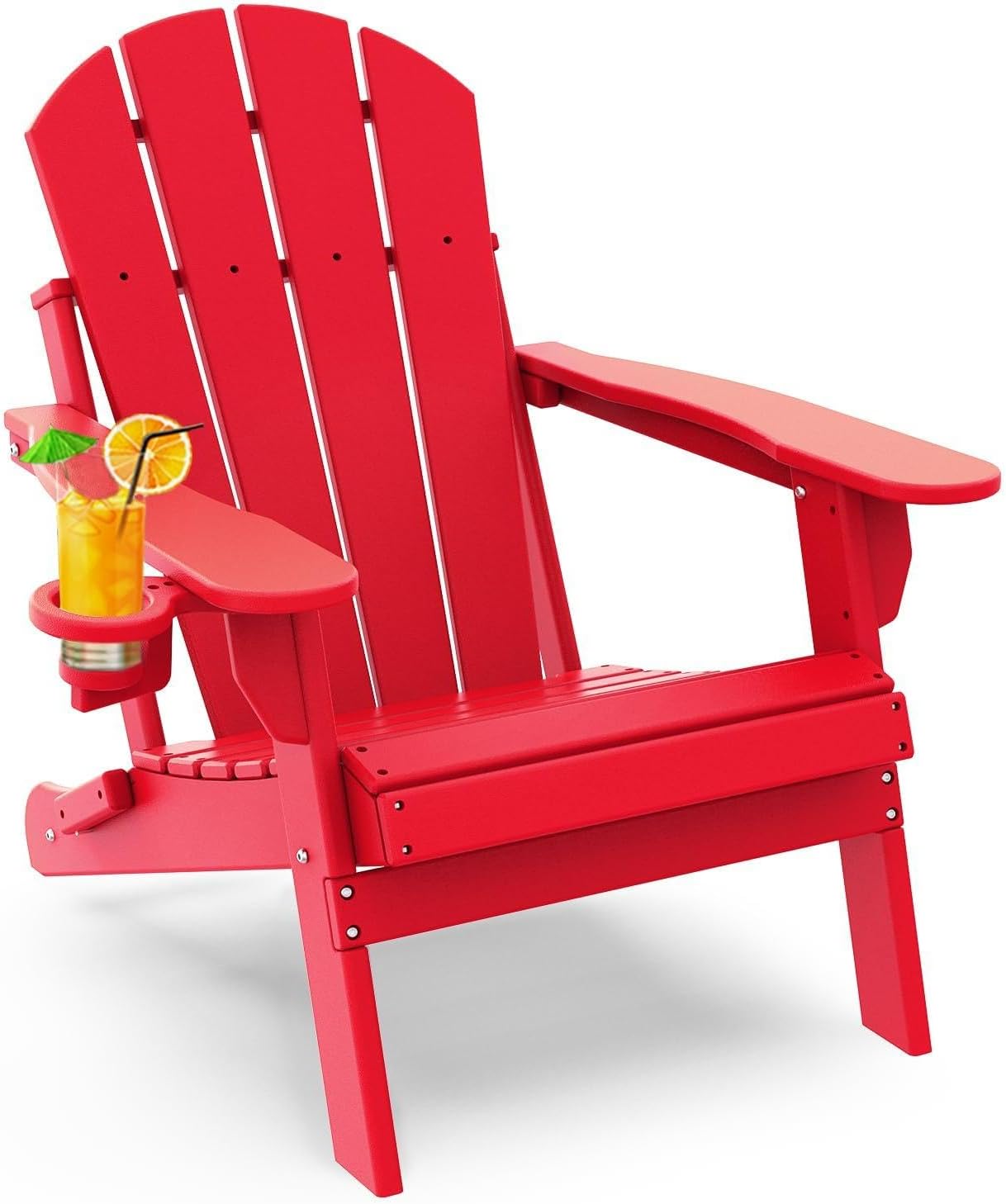 GREENVINES Folding-Adirondack-Chair | HDPE Plastic | Fire Pit Chairs | All Weather | Cup Holder | Red | for Deck Backyard Patio Outdoor Garden