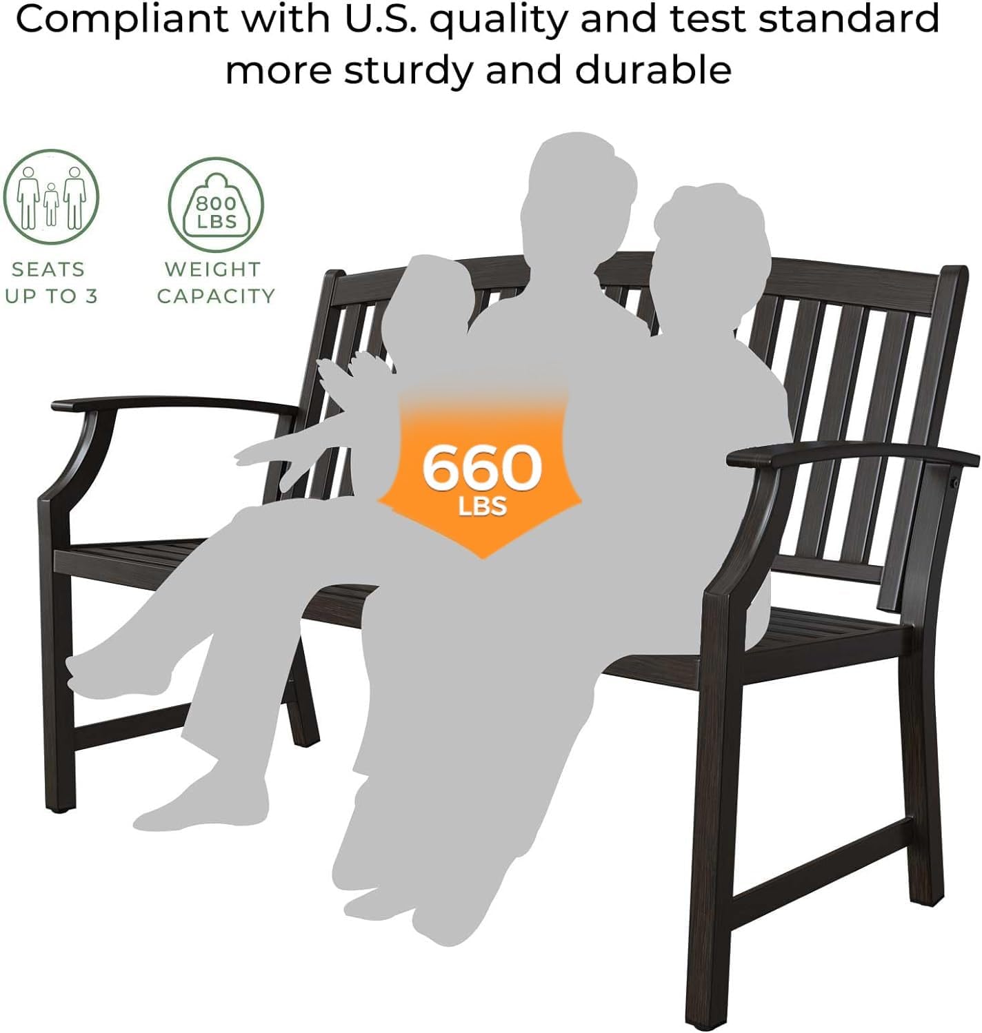 Grand patio 52" Farmhouse Outdoor Bench, Garden Benches with Anti-Rust Aluminum Powder Coated Frame, Faux Wood Grain Finish Frame Patio Bench for Front Porch, Northwoods Brown