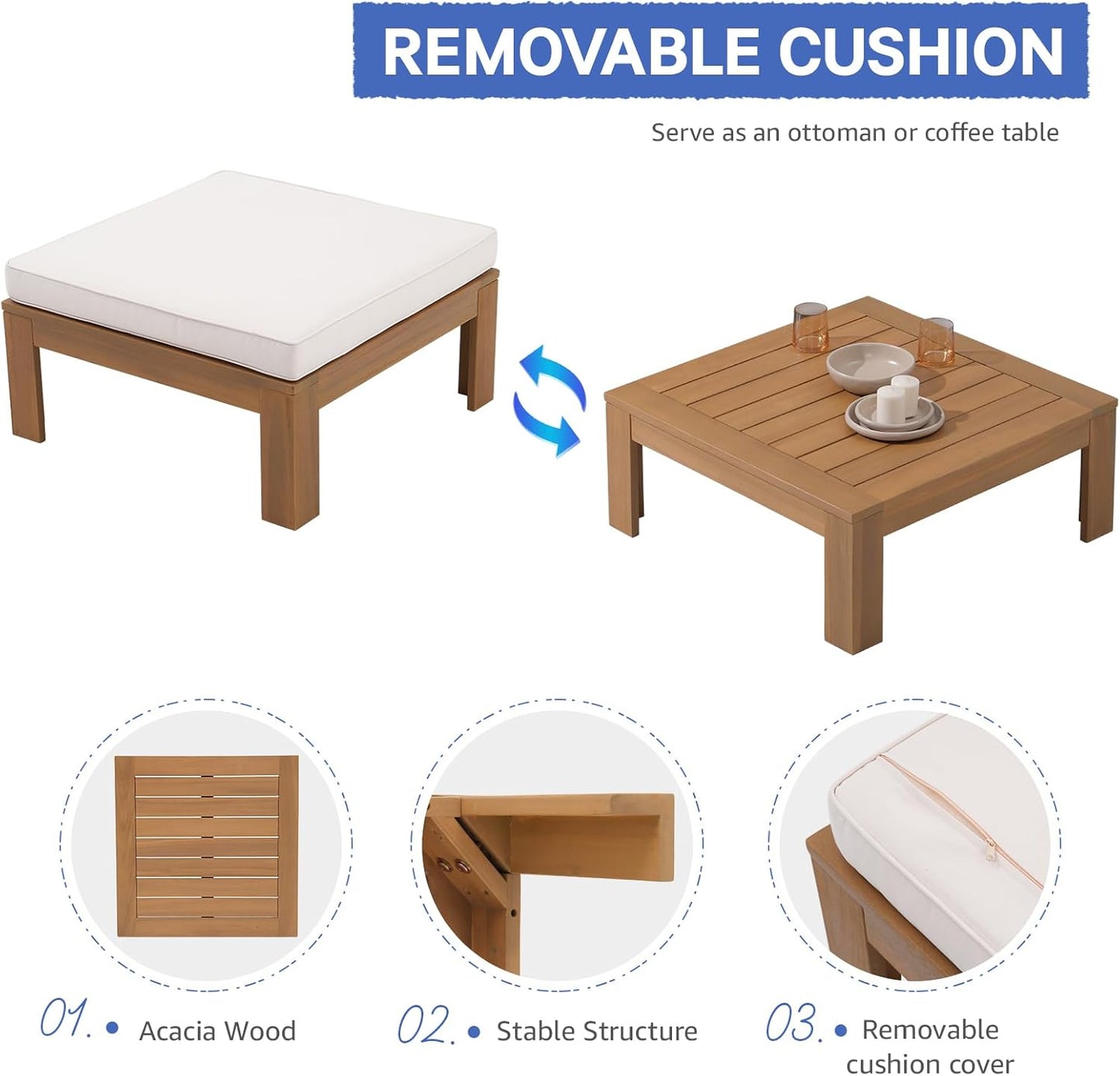 SUNSITT 6 Piece Acacia Wood Patio Furniture Outdoor Sectional Sofa Set with Adjustable Armrest, FSC Certified L-Shaped Patio Set w/2-in-1 Coffee Table, Cream White Cushions for Garden