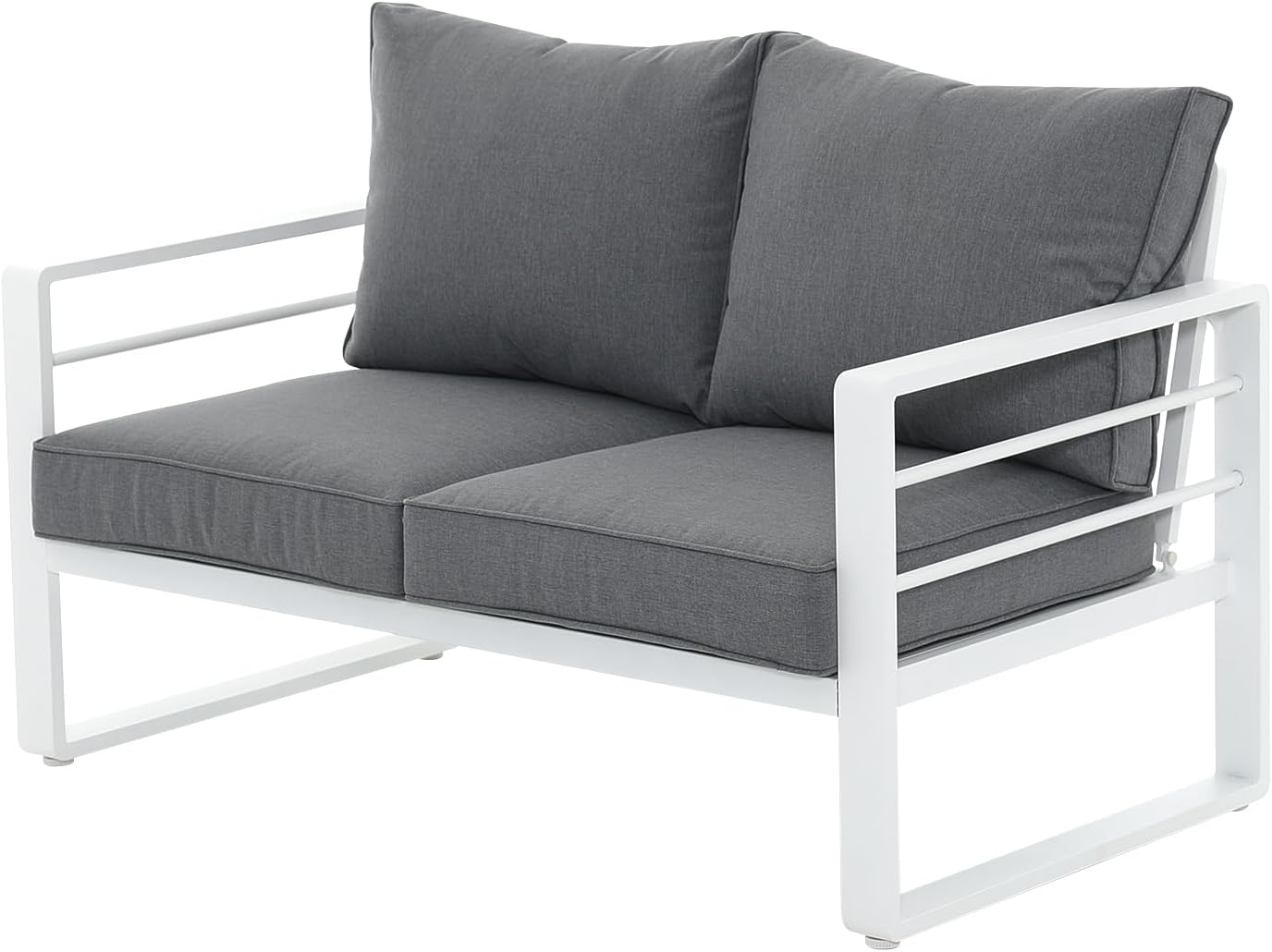 Patiorama Aluminum Patio Furniture Set, Outdoor Patio Loveseat, 2 Seat Sofa Couch, All Weather White Metal Chair with Olefin Cushion, Deep Seating, 600 lbs Capacity, Deck, Garden-Grey Cushion