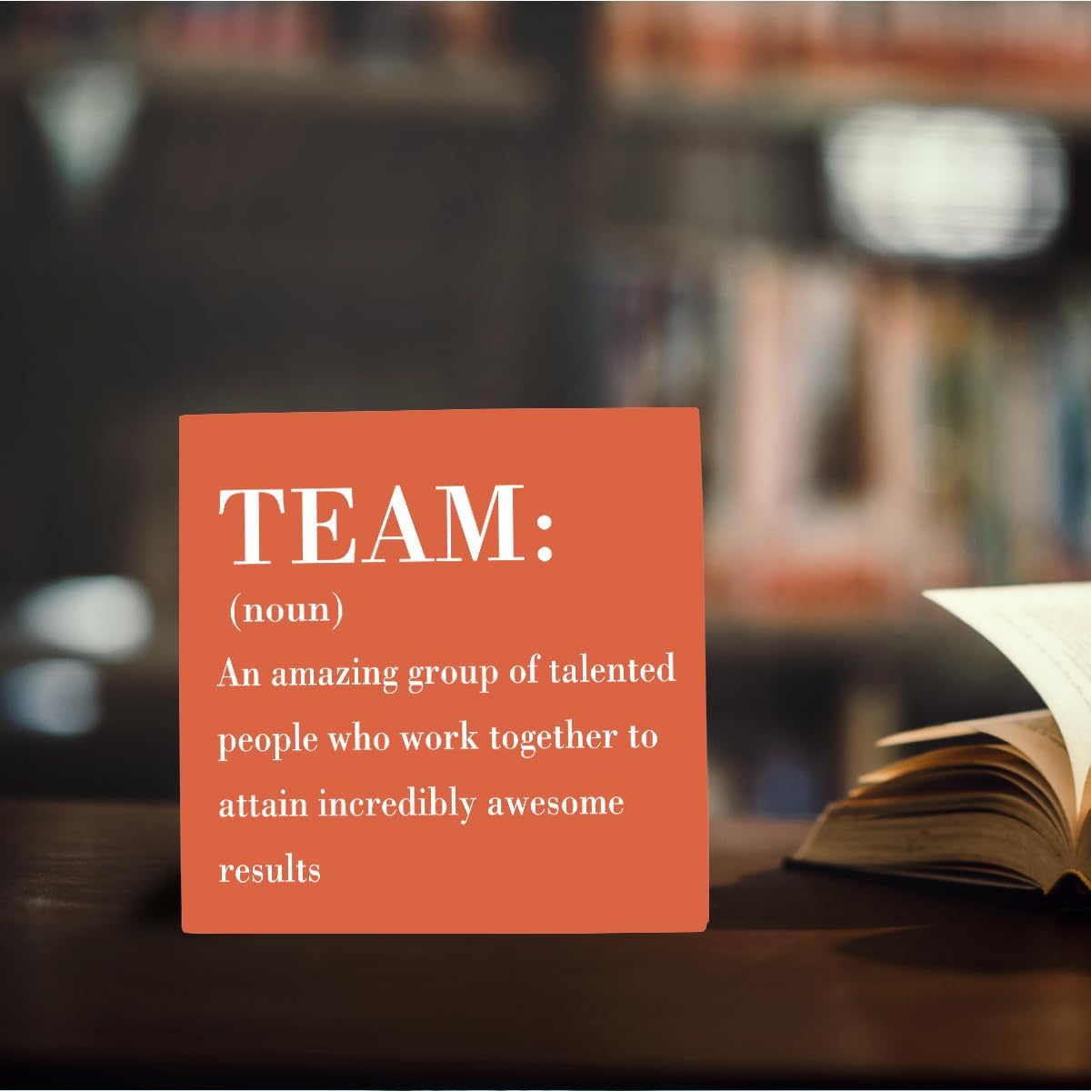 HTBIG Inspirational Team Noun Office Decor Wooden Box Sign, Rustic Black Wood Plaque for Home Desk Shelf Table Decoration, Coworker Gift, Orange