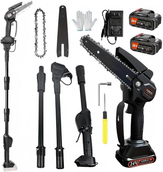 High Branch Chainsaw. 6-inch Brushless Lithium Pole Saw. 2 x 24V Battery and Charger. Three Telescopic rods. Lightweight Garden Pruning Tool. for Tree Pruning.