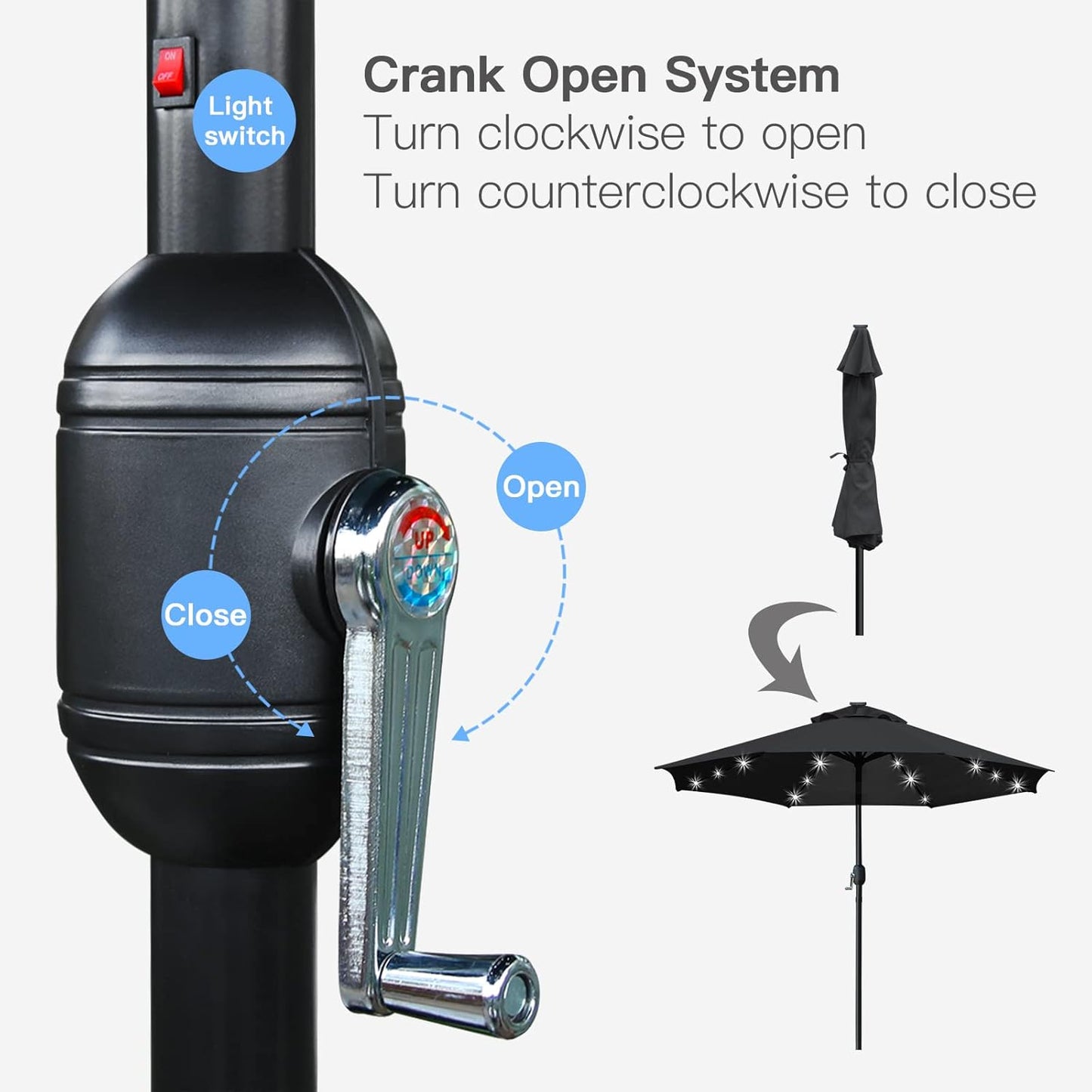 Sunnyglade 9' Solar LED Lighted Patio Umbrella with 8 Ribs/Tilt Adjustment and Crank Lift System (Black)