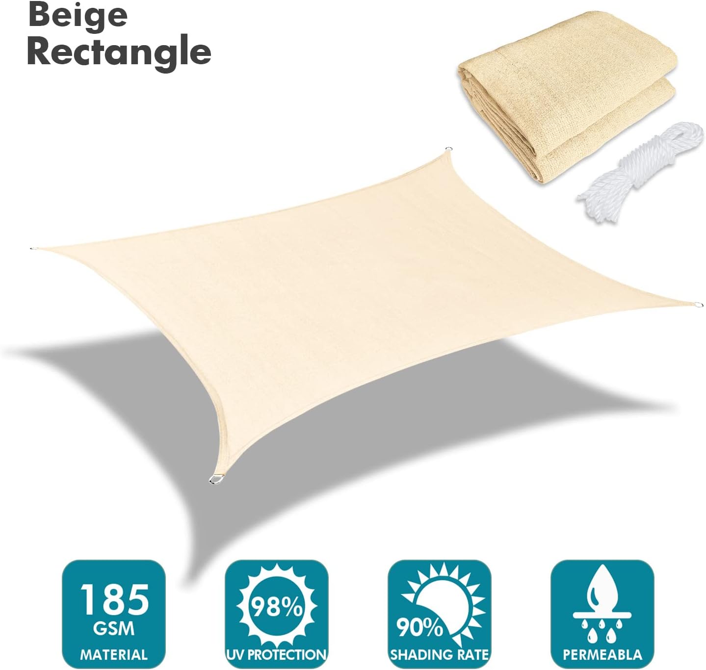 KANAGAWA 12'X20' Cream Custom Size Sun Shade Sail Rectangle UV Block Canopy Cover for Patio Backyard Lawn Garden Outdoor (Customized Available)