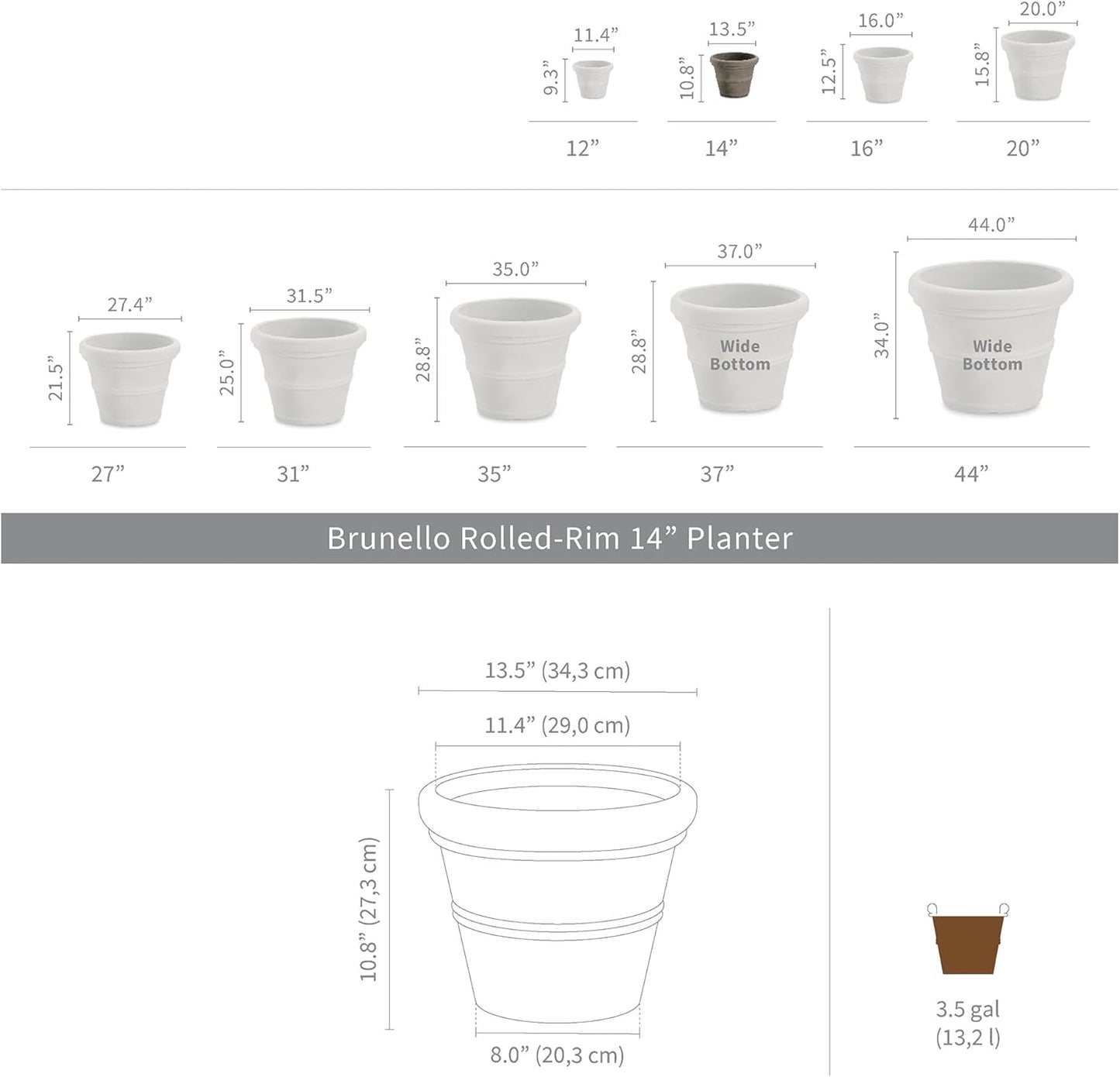 Crescent Garden Brunello Classic Rolled Rim Planter Pot, Indoor/Outdoor Weather-Safe Round Plant Pot, 14'' (Rust)