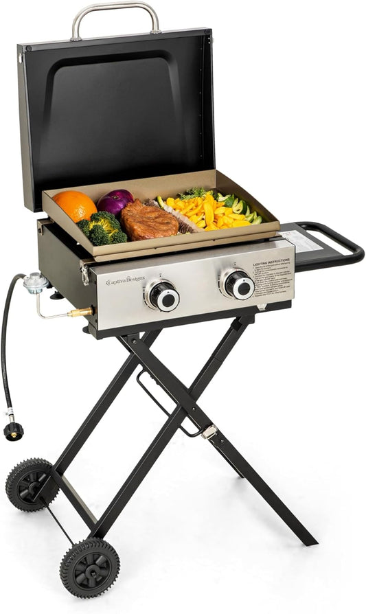 MFSTUDIO Small Portable Propane Griddle, 2 In 1 Gas BBQ Travel Grill with Foldable Stand, Compact and Light Countertop Grills with 2 Burners and Side Table, for Outdoor Cooking, Camping and Roadtrip