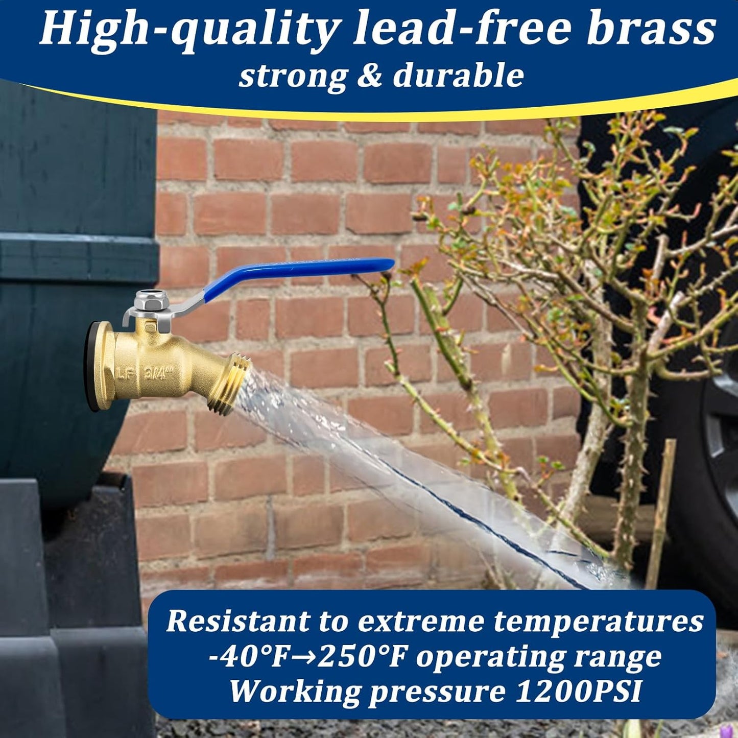 Brass Rain Barrel Spigot Kit 3/4" GHT Brass Water Container Spigot Kit, 3/4" GHT Male Threaded Quarter Turn Ball Valve with Bulkhead Fitting for Garden Hose Thread Connection