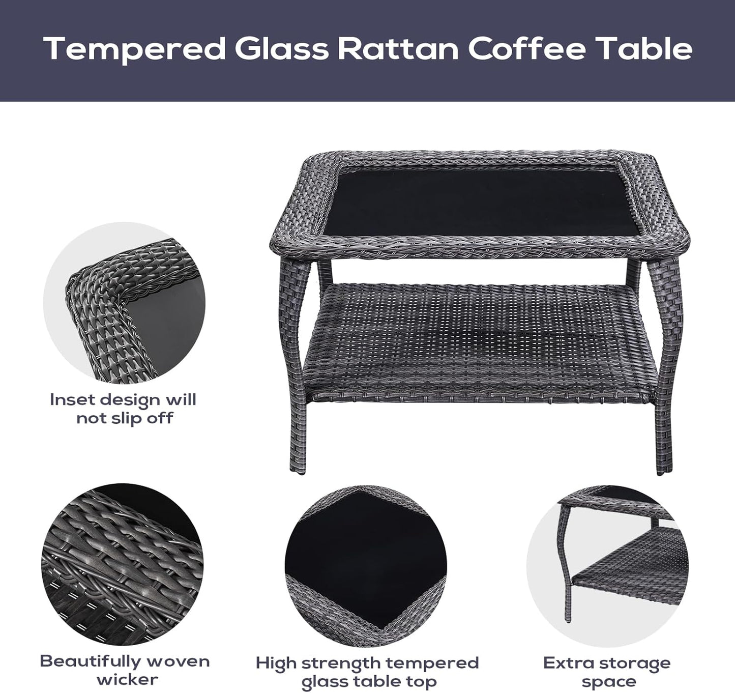 Outdoor Furniture Sectional Sofa L Shaped Couch - Patio Wicker Furniture Set with Coffee Table, 3 Piece Rattan Patio Conversation Sets with Blue Cushion for Deck Backyard Sunroom