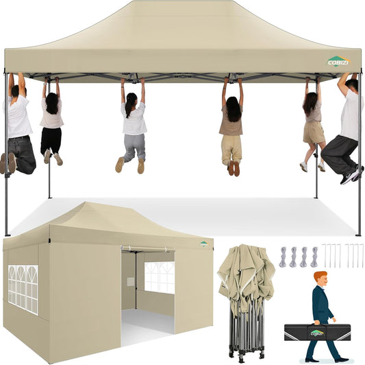 COBIZI 10x15 Heavy Duty Pop up Canopy Tent with 4 sidewalls Commercial Outdoor Canopy Wedding Party Tents for Wedding All Season Wind & Waterproof Gazebo with Carry Bag, Khaki(Frame Thickened)
