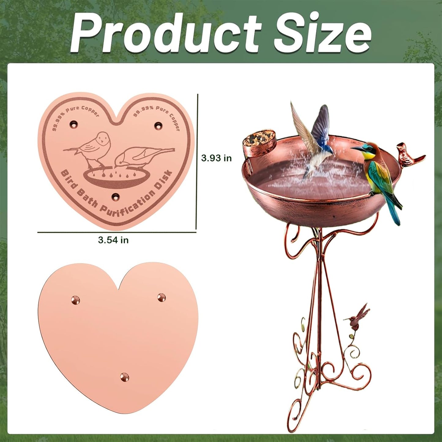 2-Pack 99.99% Pure Copper Bird Bath Purification Disk,Copper Disc with Stable Triple-Point Support,Fits All Outdoor Bird Baths(Heart-Shaped)