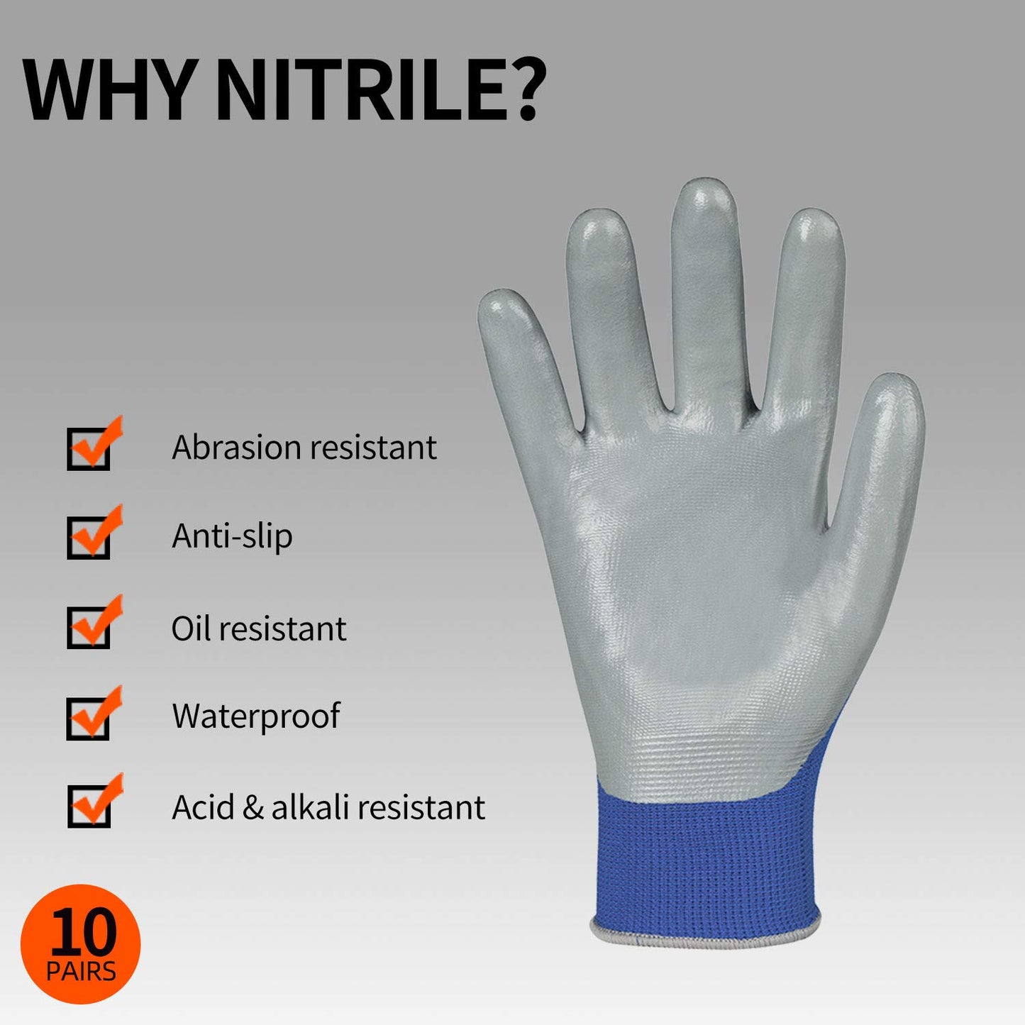 Vgo... 10-Pairs Safety Work Gloves, Gardening Gloves, Non-slip Nitrile coating, Dipping Gloves (Size XL, Blue, NT2110)