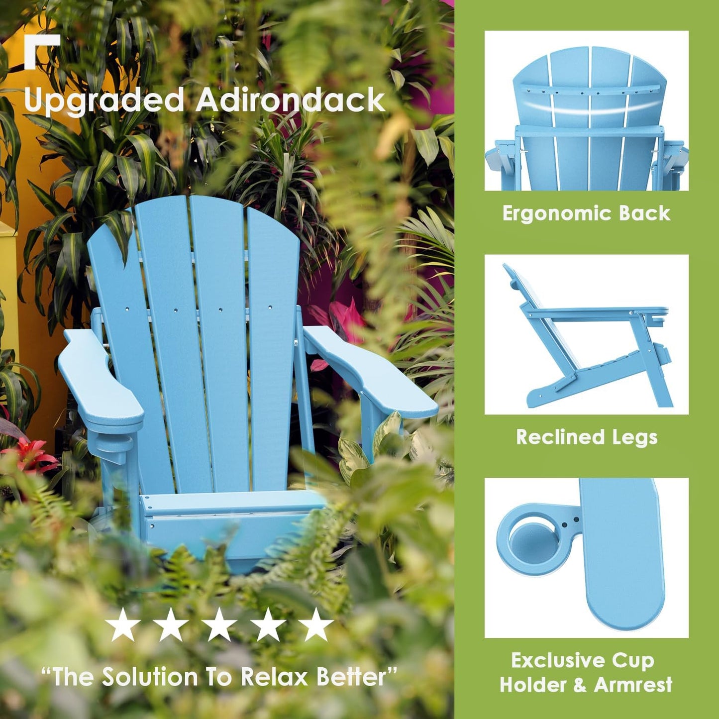 GREENVINES Folding-Adirondack-Chair | HDPE Plastic | Fire Pit Chairs | All Weather | Cup Holder | Arctic | for Deck Backyard Patio Outdoor Garden