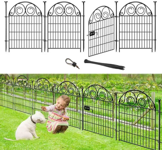 Tall Garden Fence with Gate, 40 Inch(H) 4 Panels Total Length 8.8 Ft Dog Fences Outdoor for Yard, Black Metal No Dig Fencing for Dogs, Reusable Decorative Fence for Garden│Patented