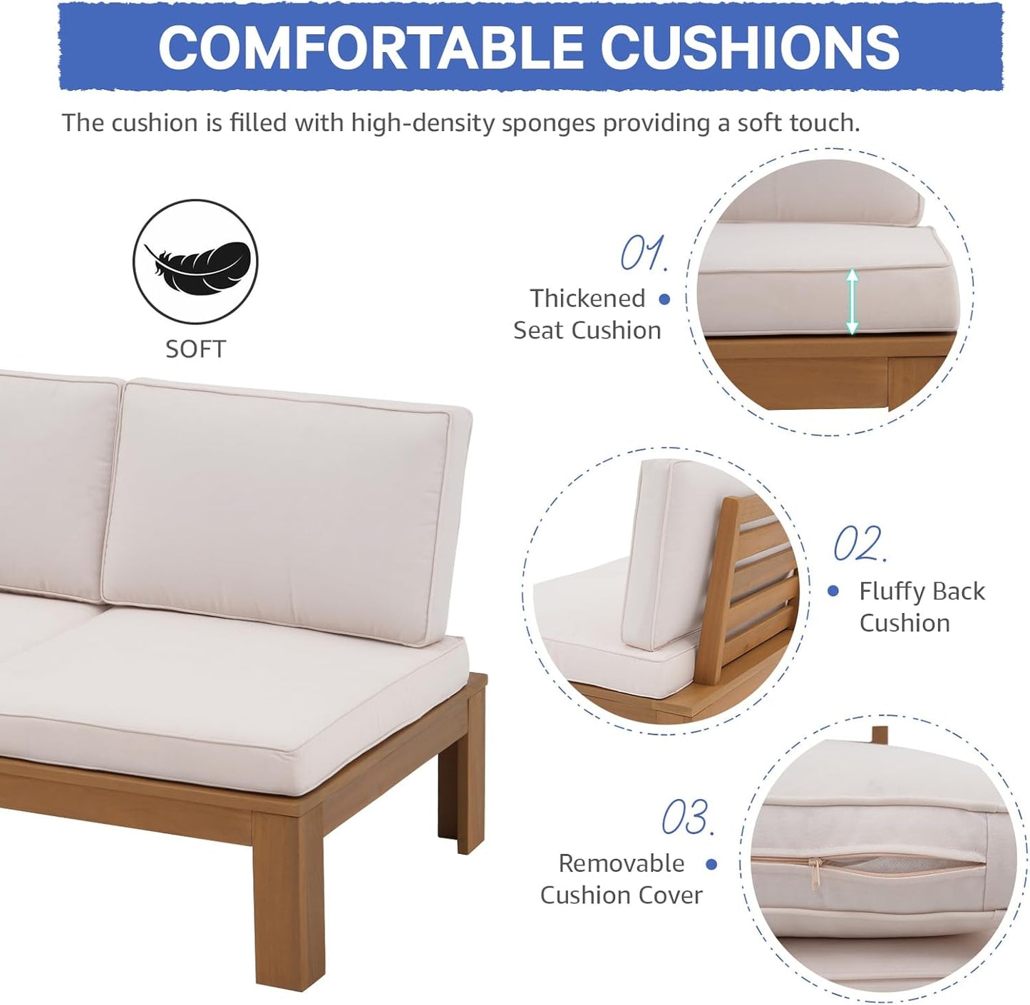SUNSITT 6 Piece Acacia Wood Patio Furniture Outdoor Sectional Sofa Set with Adjustable Armrest, FSC Certified L-Shaped Patio Set w/2-in-1 Coffee Table, Cream White Cushions for Garden