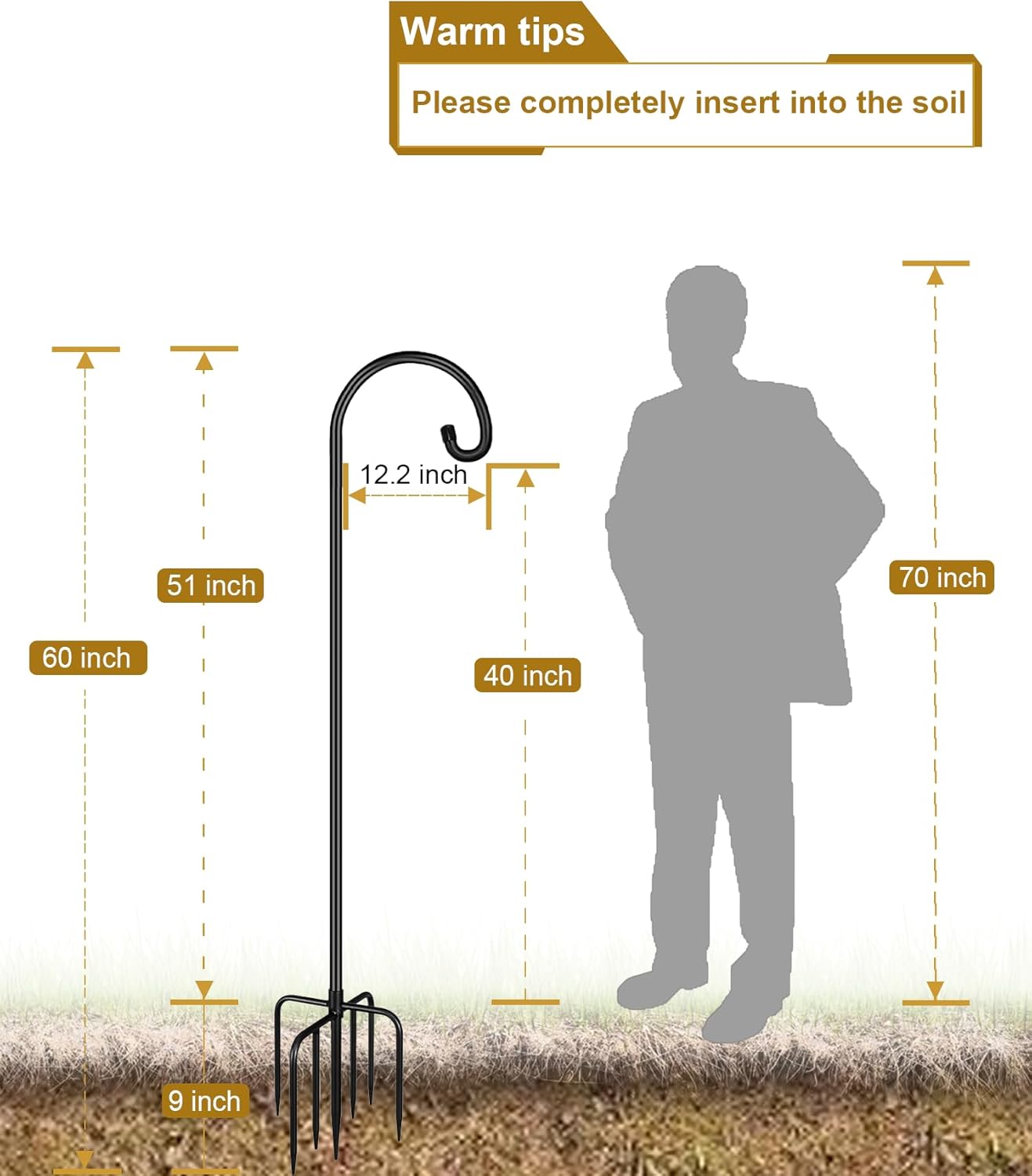 Shepherd Hook 60 Inch Tall Heavy-Duty Metal Garden Hanging Pole Stake for Bird Feeder Pole Plant Baskets, Black (2 Pack)