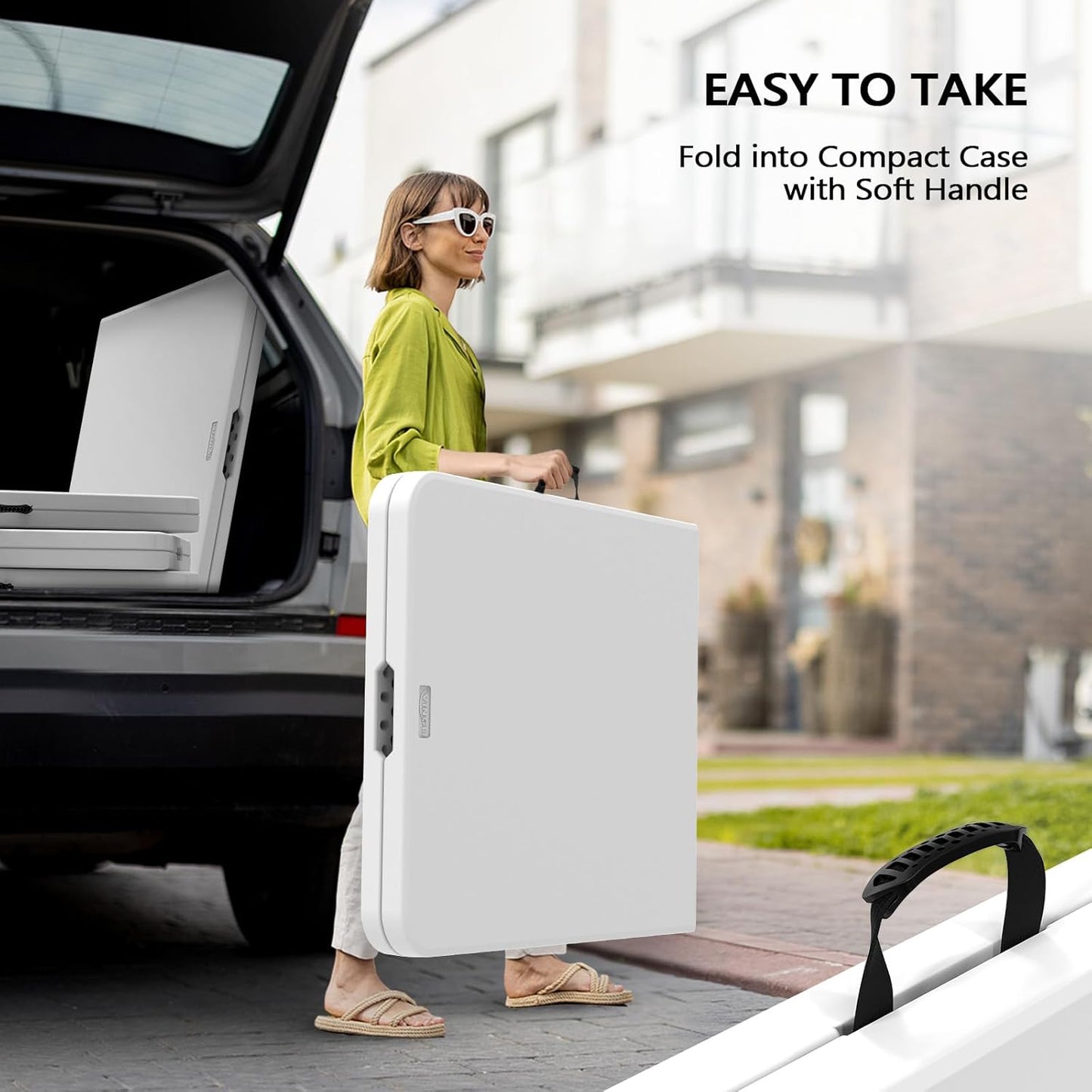 VINGLI 8 Foot Plastic Folding Table Portable Long Table for Indoor Outdoor Use Rectangular with Carrying Handle，White