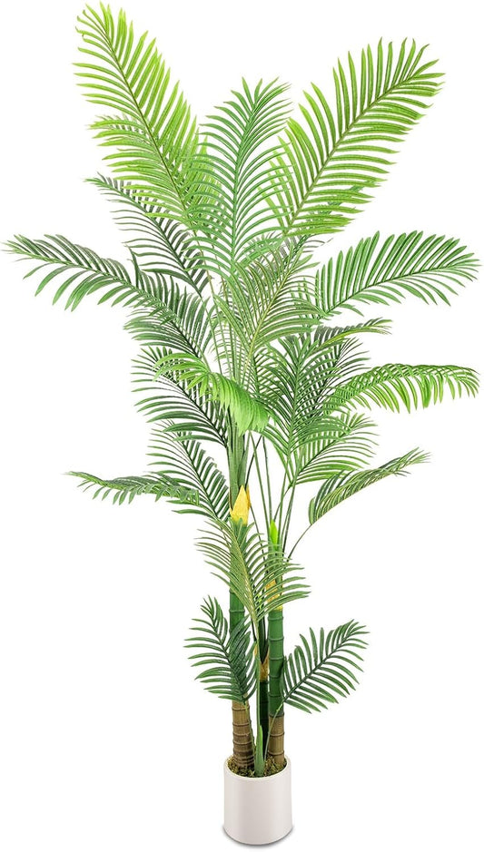 Artificial Fake Palm Tree 9FT 1Pack with White Planter & Free Moss, UV Resistant Artificial Palm Tree for Outdoors, Fake Plants for Poolside Home Room Decor, Faux Plants Outdoor Decor