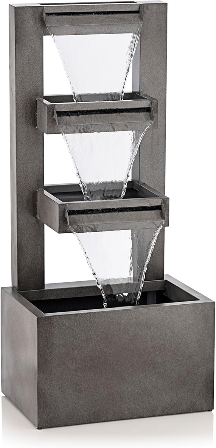 Alpine Corporation CPS182 Outdoor Metal Multitiered Waterfall Floor Fountain Industrial Style Water Feature for Garden, Patio, Yard, Backyard, Relaxing Water Flow, and Serene Landscaping, Gray