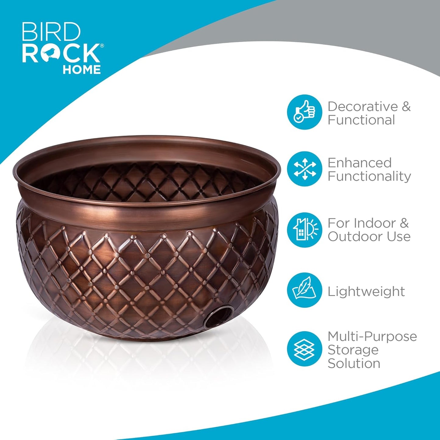 BIRDROCK HOME Water Hose Holder - Decorative Metal Pot, Indoor or Outdoor, Garden Storage Organizer, Patio Portable Bucket - Embossed Steel w/ Copper Accents, Holds up to 100ft Hoses