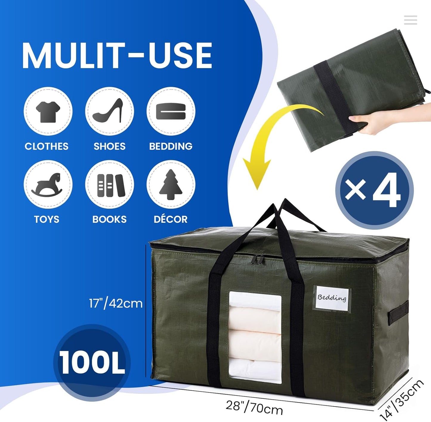 TAILI 4 Pack Green Extra Large Storage Bags, Heavy Duty Totes with Visible Window, Wrap Around Handles, Perfect for Moving