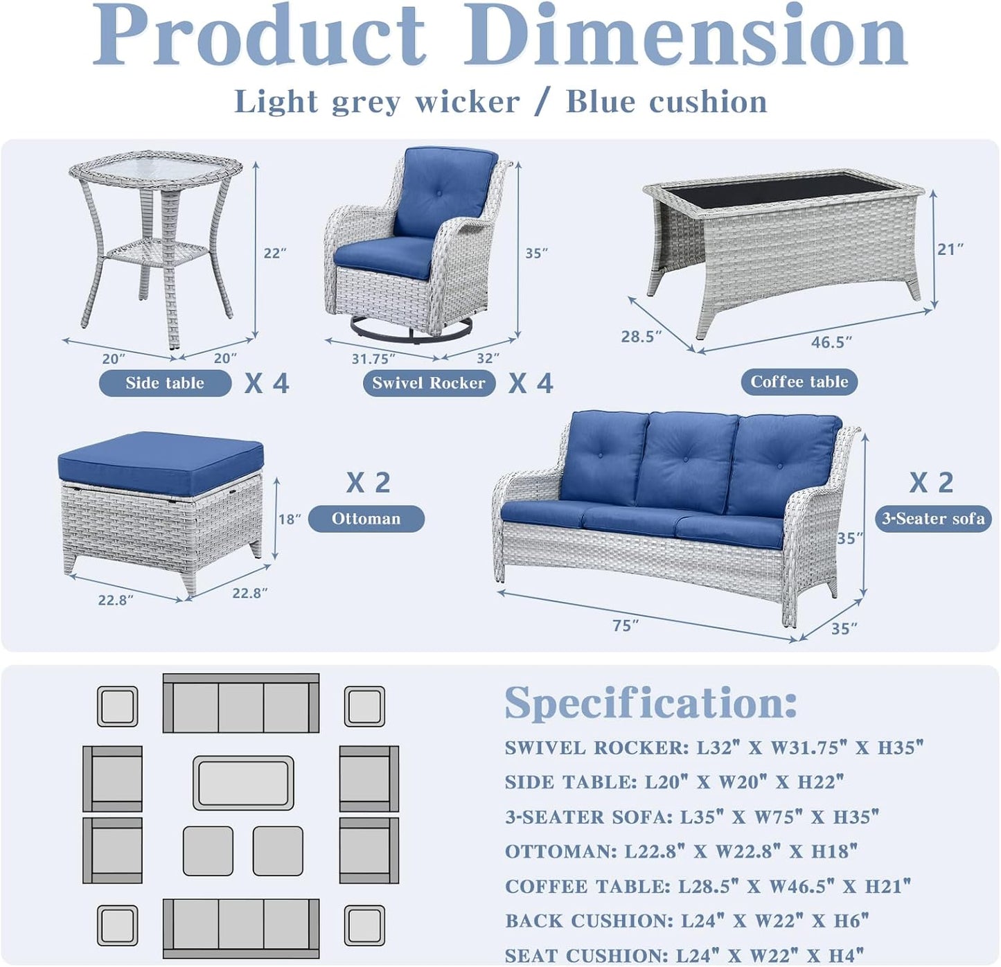Wicker Patio Furniture Sets - 13 Piece Outdoor Rattan Furniture Conversation Sets with 4 Swivel Rocker Chairs, 2 Rattan Sofas, Wicker Ottomans and Coffee Table, Light Grey/Blue