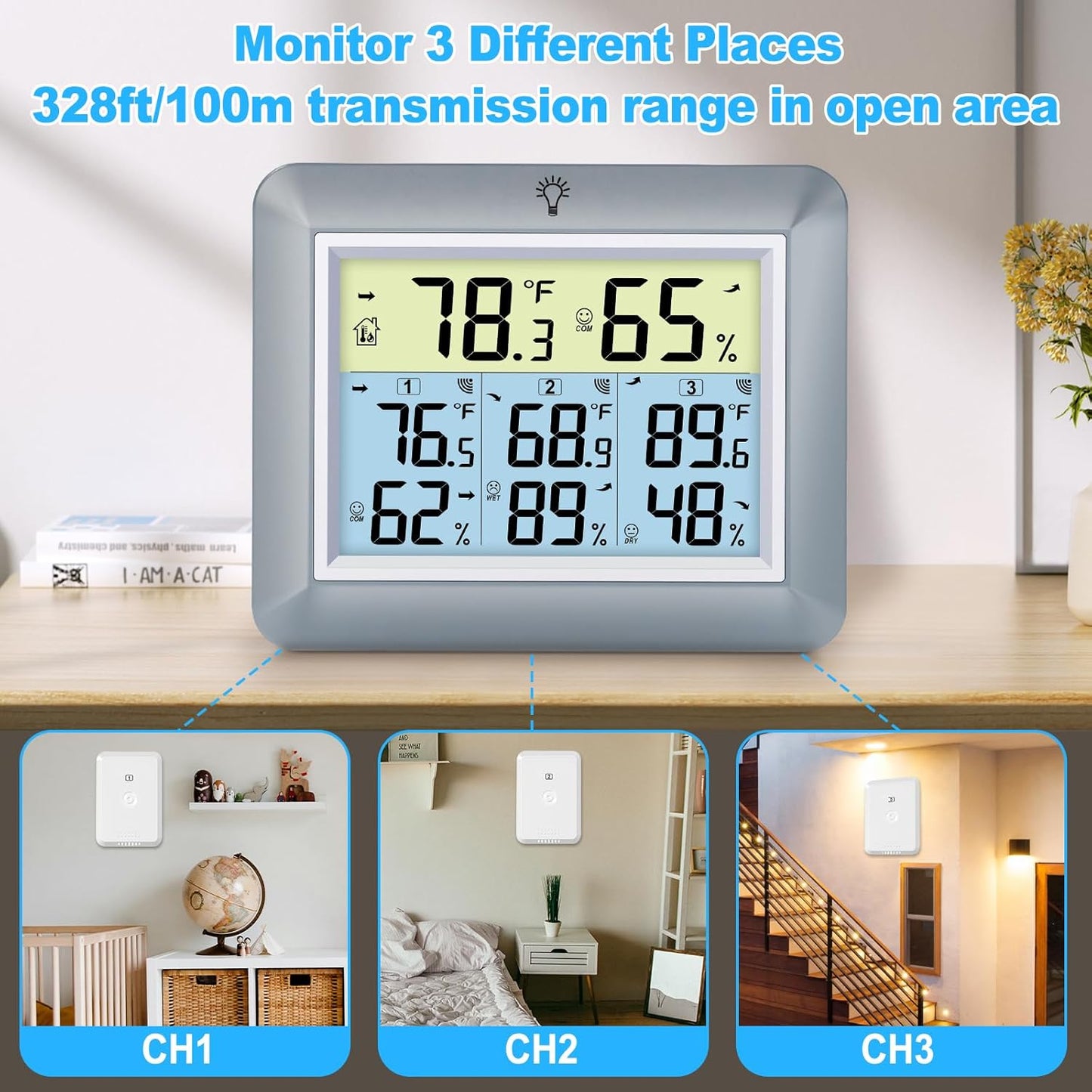 Urageuxy Weather Station Wireless Indoor Outdoor Thermometer with 3 Sensors, Remote Temperature Monitor with Humidity for Home, Baby Nursery, Room, Attic, Patio, Grey