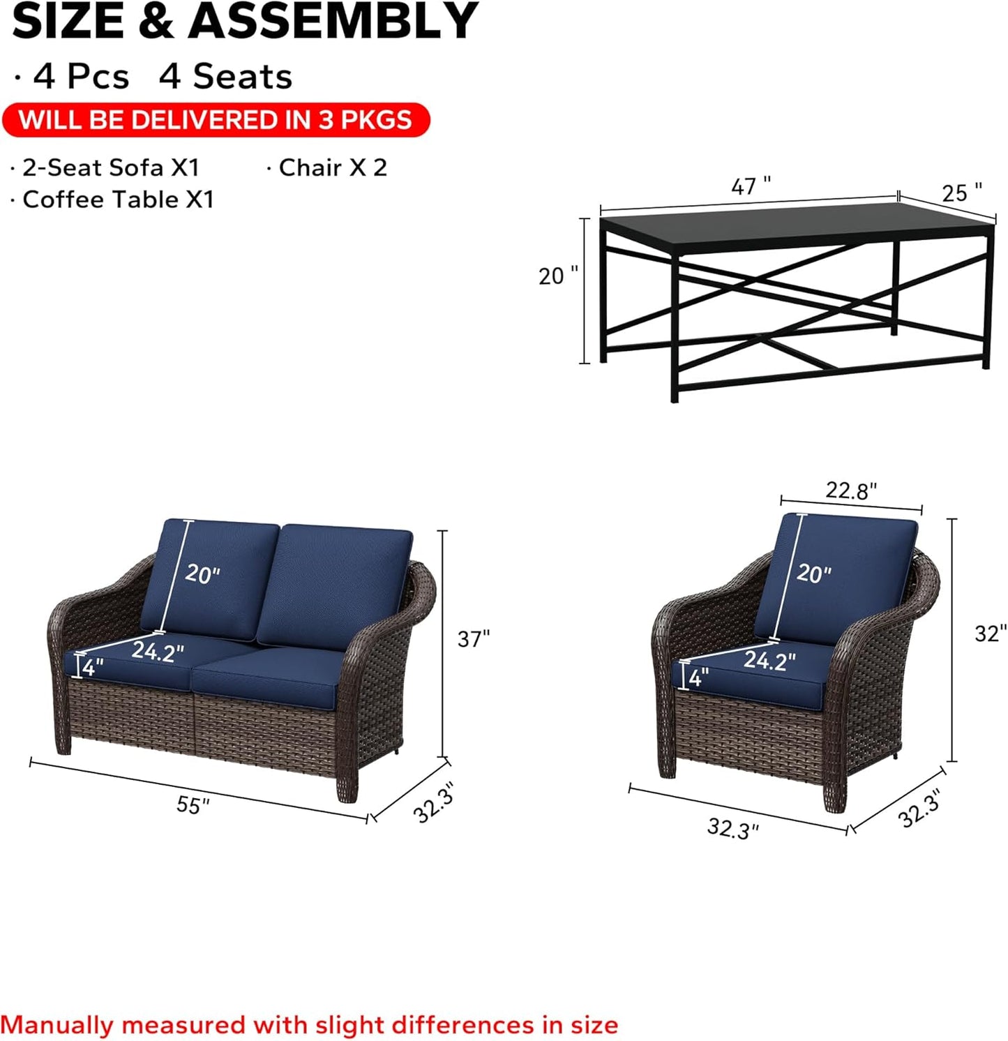 4 Pieces Outdoor Conversation Furniture Set, 55" Patio Couch，47" Metal Coffee Table, 2 Chairs, Rattan Wicker Sofa with Removable Cushions for Bistro, Deck (Navy Blue)