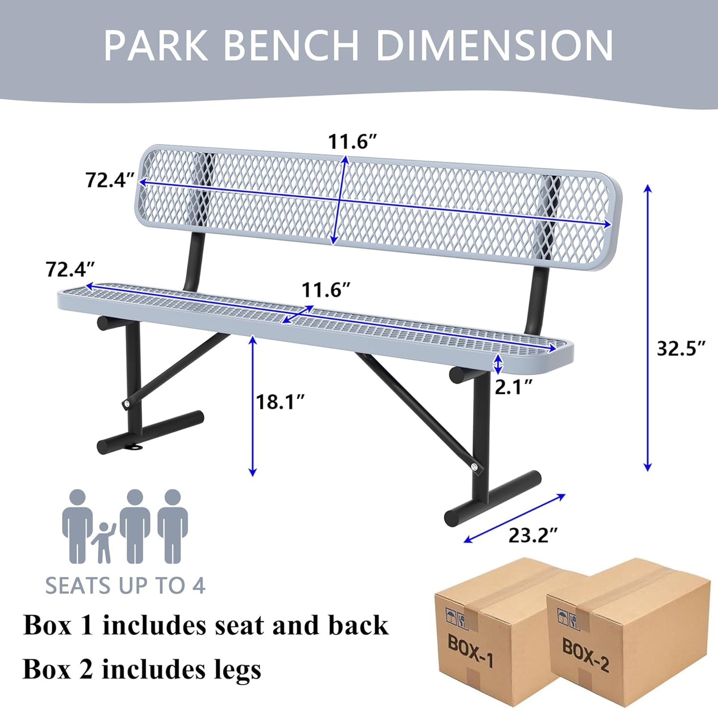 6 Feet Heavy Duty Metal Park Bench for Outside, Outdoor Bench with Backrest & Portable Frame, Commercial Benches for Shopping Malls, Stores, Parks, Patios, Decks, Grey