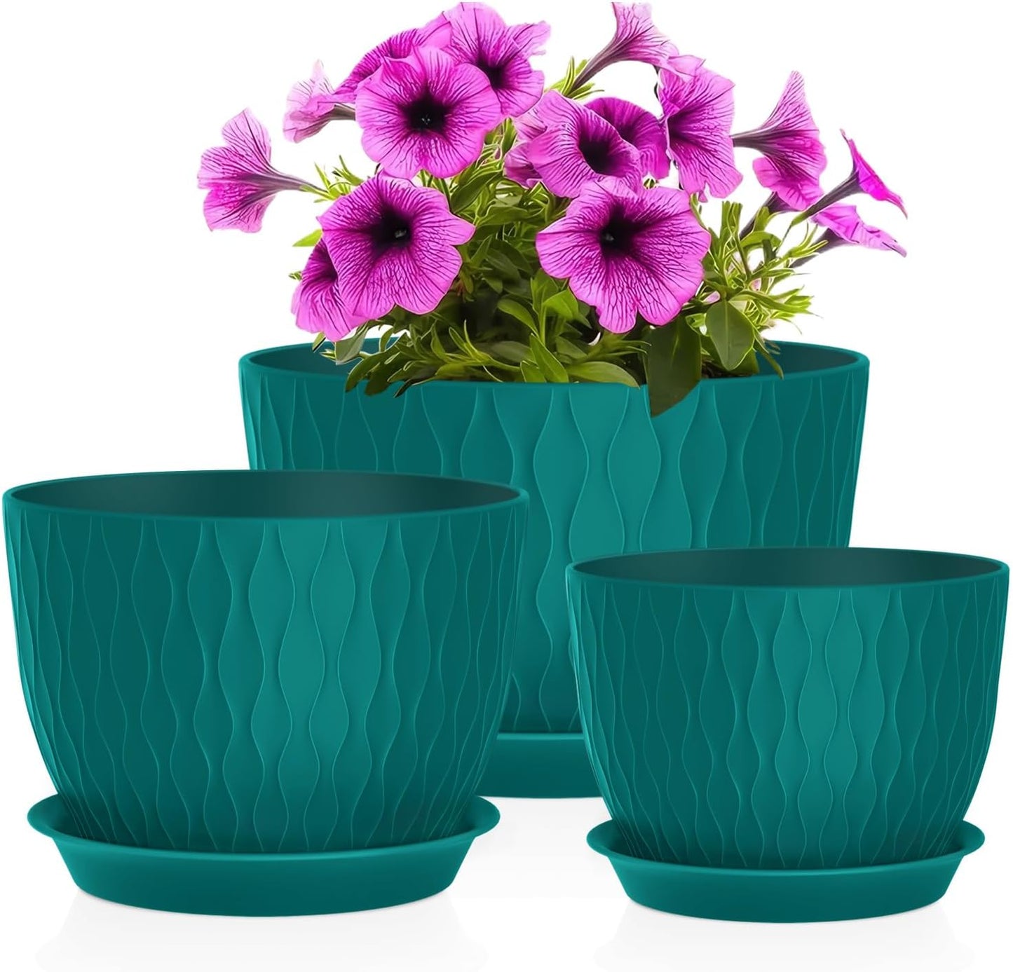 Plant Pots 12/10/9 Inch Pots, Set of 3 Plastic Planters with Drainage Holes and Saucers,Plastic Flower Pots,Nursery Planting Pot for Indoor Out Door Plants（Teal）