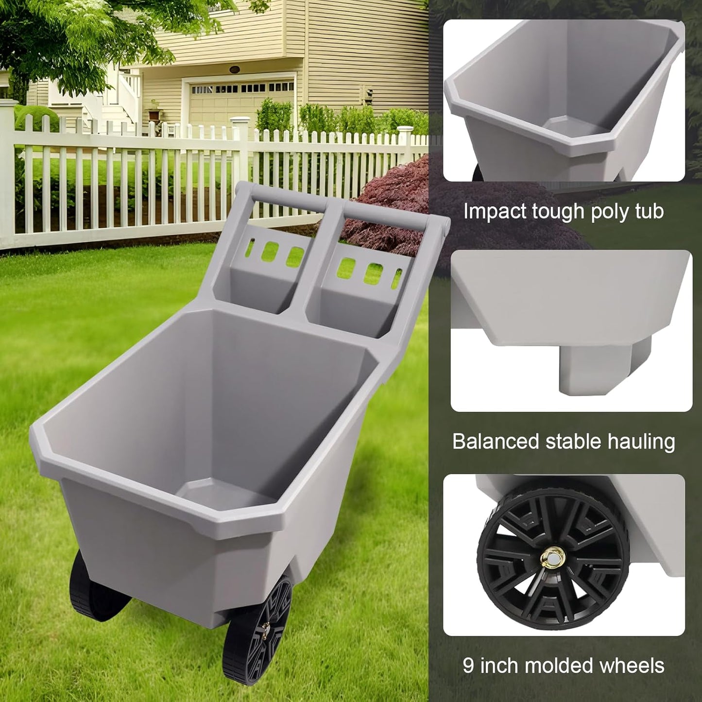 AAIN Wheel Barrel, 2 Wheel Wheelbarrow. 300 LB Yard Cart with 9 in Maintenance-Free Solid Wheels, Trash Cart with Wheels, Push/Pull Design, Grey