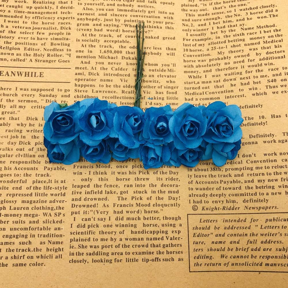 Mini Fake Rose Flower Heads 144pcs Mini Artificial Mulberry Paper Roses Flower with Wire Stem DIY Wedding Flowers Accessories Make Bridal Hair Clips Headbands Dress (Turquoise Blue)