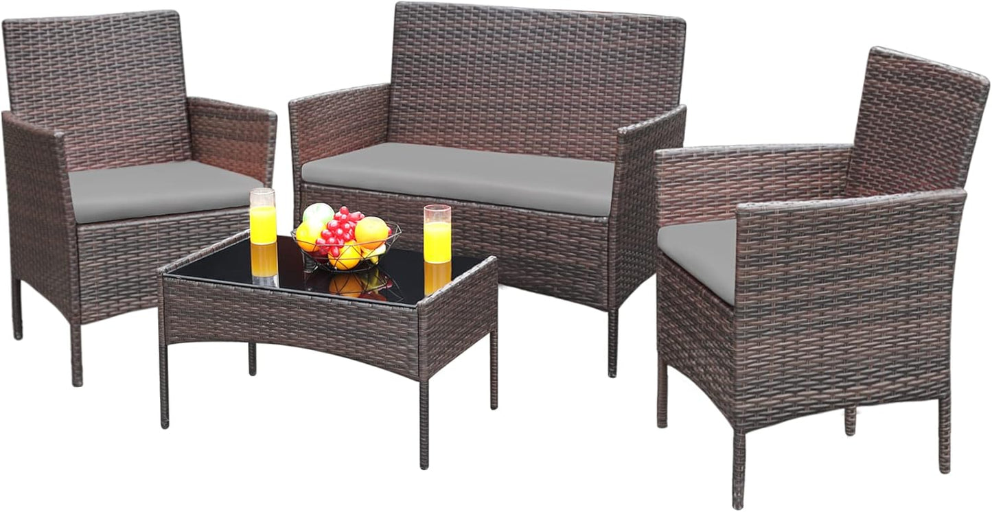 Greesum Patio Furniture 4 Pieces Conversation Sets Outdoor Wicker Rattan Chairs Garden Backyard Balcony Porch Poolside loveseat with Soft Cushion and Glass Table, Brown and Gray