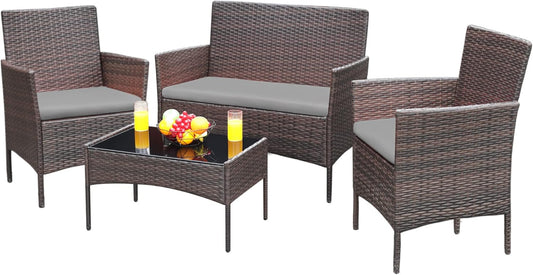 Greesum Patio Furniture 4 Pieces Conversation Sets Outdoor Wicker Rattan Chairs Garden Backyard Balcony Porch Poolside loveseat with Soft Cushion and Glass Table, Brown and Gray
