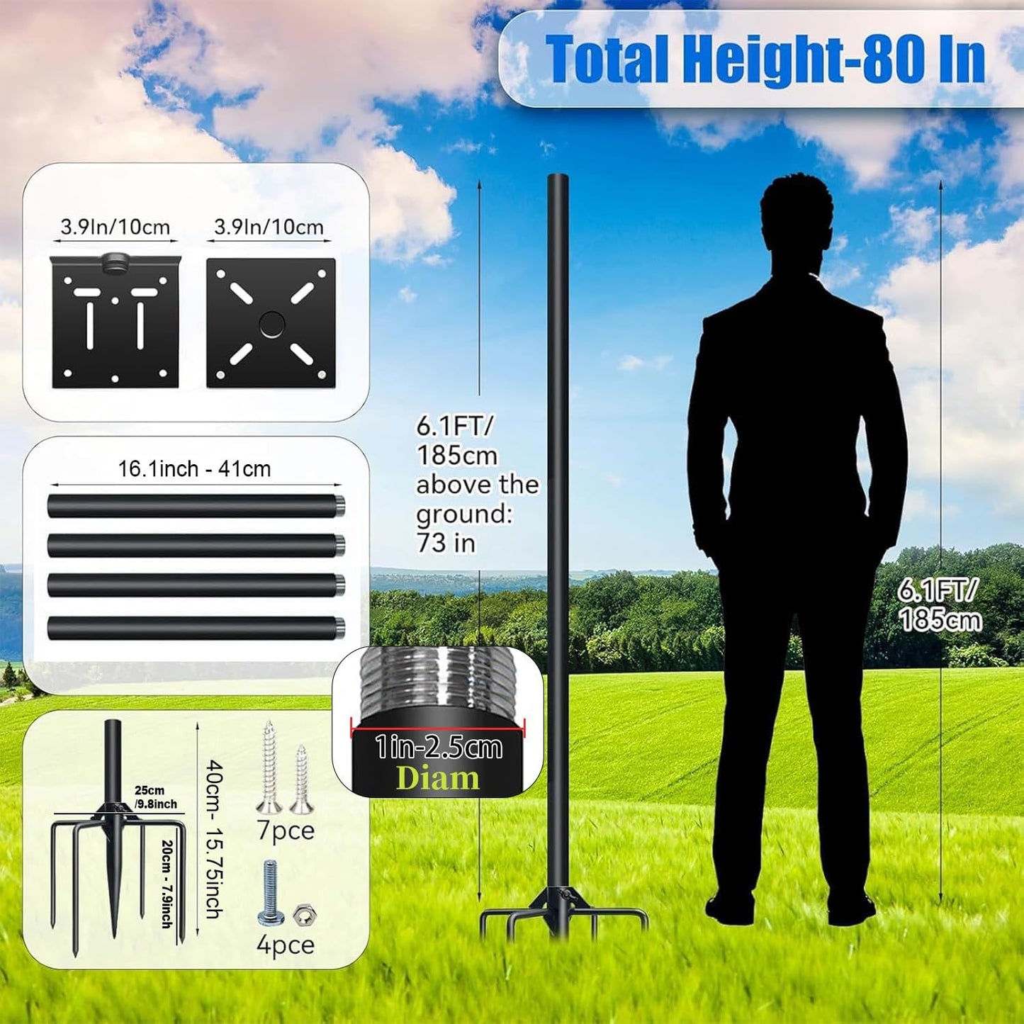 QwayHome【New Upgrade】 80In Smart Bird House Poles, 1Inch Dia Poles, Outdoor Bird Feeder Pole Mount Kit for Smart Bird Feeder & Wooden Birdhouse & Weather Station, Heavy Duty, Adjustable, 5-Prong Base