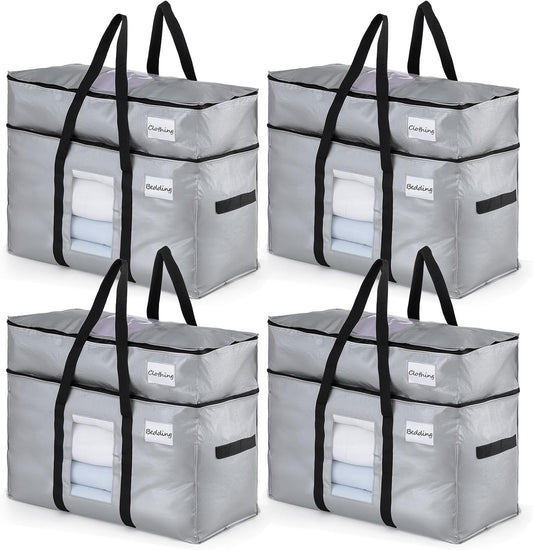 TAILI 2 Tier Extra Large Moving Bags, 4 Pack Silver Heavy Duty Totes For Storage with Visible Window, Wrap Around Handles, Storage Bags for Space Saving, Alternative to Moving Boxes