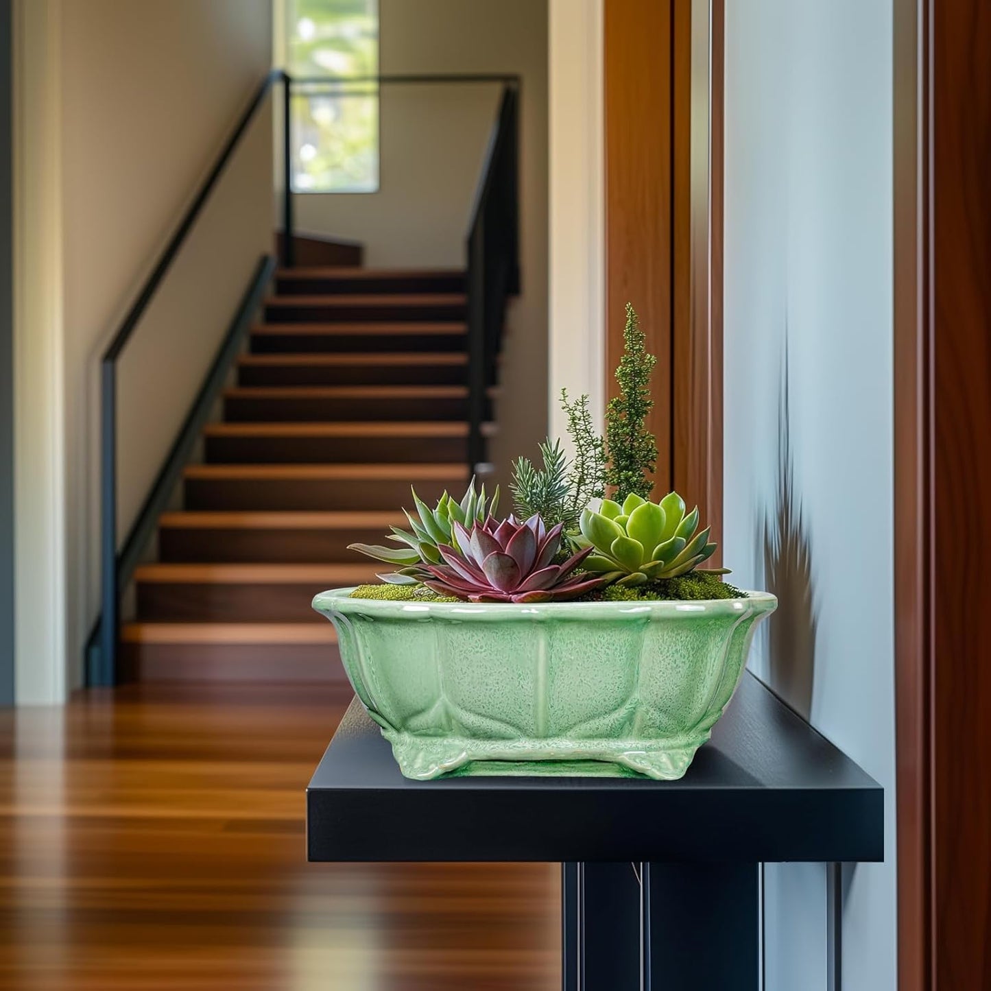 Bonsai Tree Pot - 13.2 Inch Large Ceramic Succulent Planter for Indoor Outdoor, Oval Plant Pot with Drainage Hole, Decorative Flower Pots, Home Decor, Gifts for Plant Lovers, Green