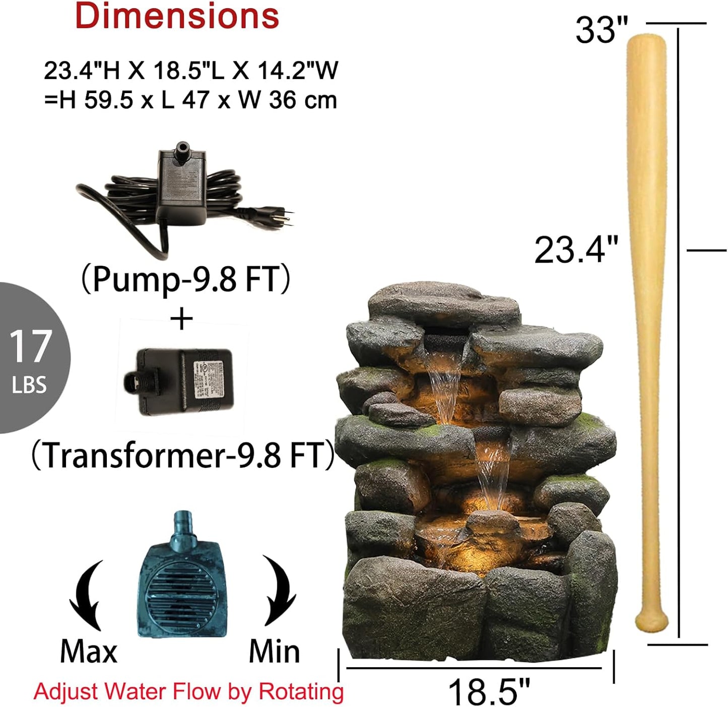 4-Tier Rock Water Fountain Outdoor Waterfall Garden Decor, 23.4" Cascading Waterfall With LED Lights for Patio, Lawn, Backyard, and Home, Faux Stone Design