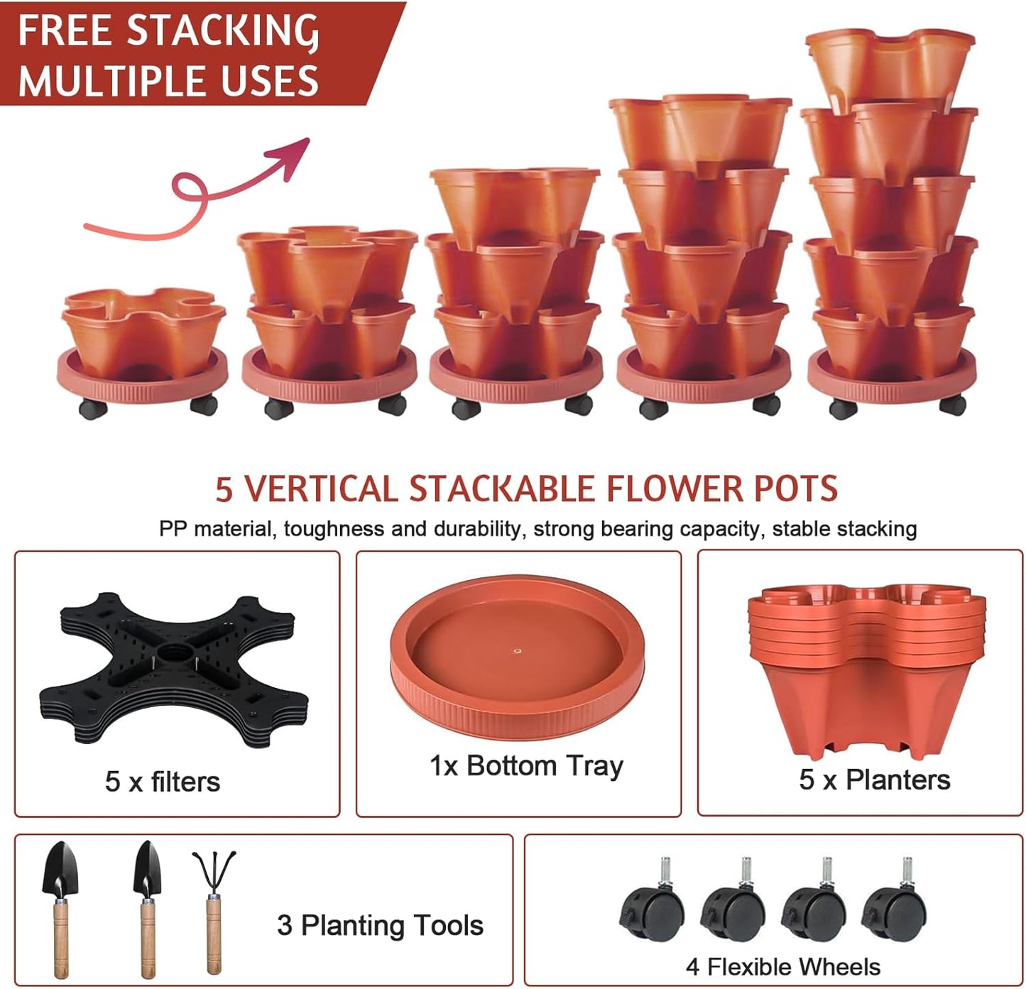 Vertical Strawberry Planter-5 Tier Stackable Herb Tower Planters Stacking Garden Planters Pot Outdoor with Tools Removable Wheels for Growing Flowers, Vegetables and Succulents