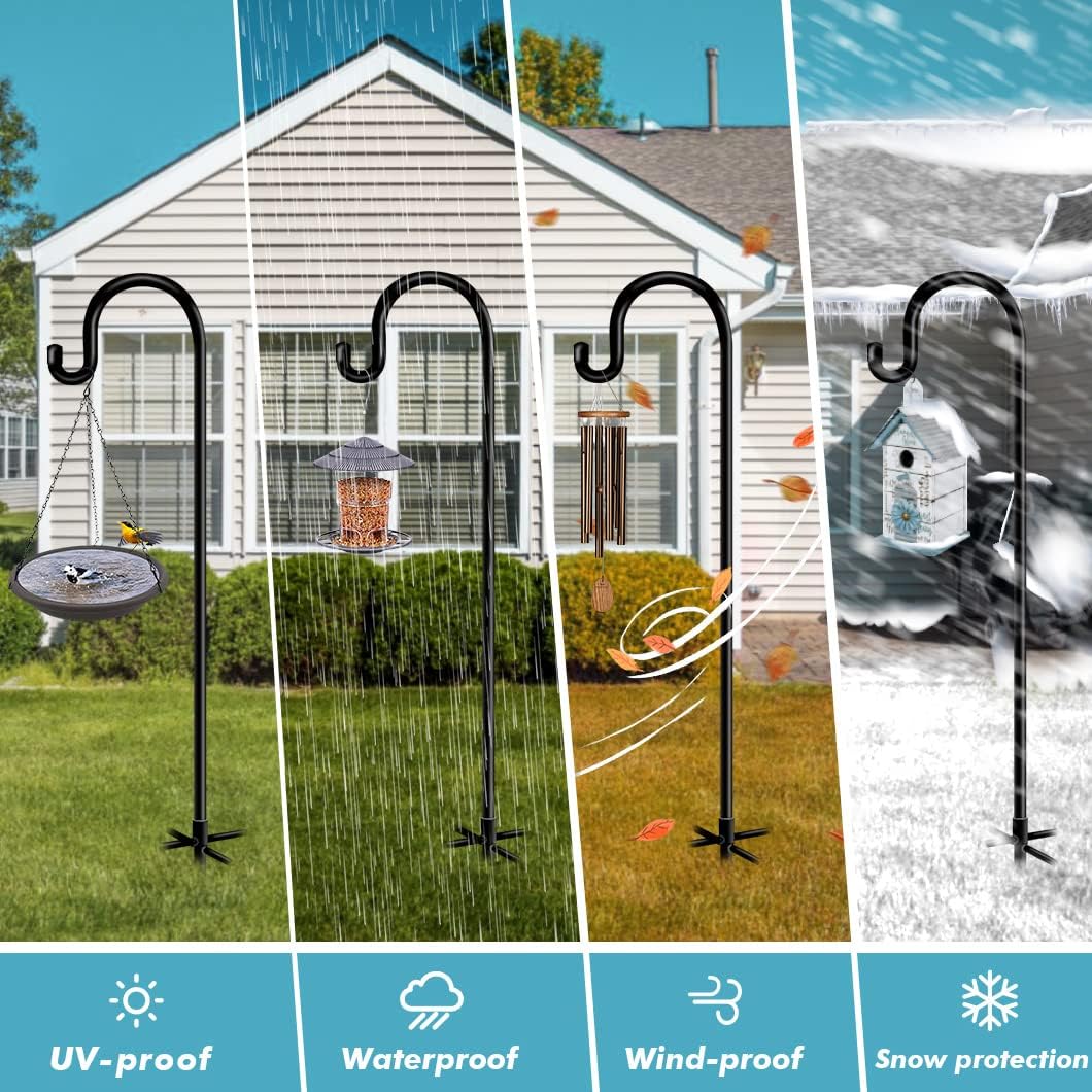 Shepherds Hooks for Outdoor Bird Feeder Poles 76inch, Heavy Duty Hummingbird Feeder Hanger for Hanging Plants Basket, Adjustable Wind Chimes Stand, 2 pcs